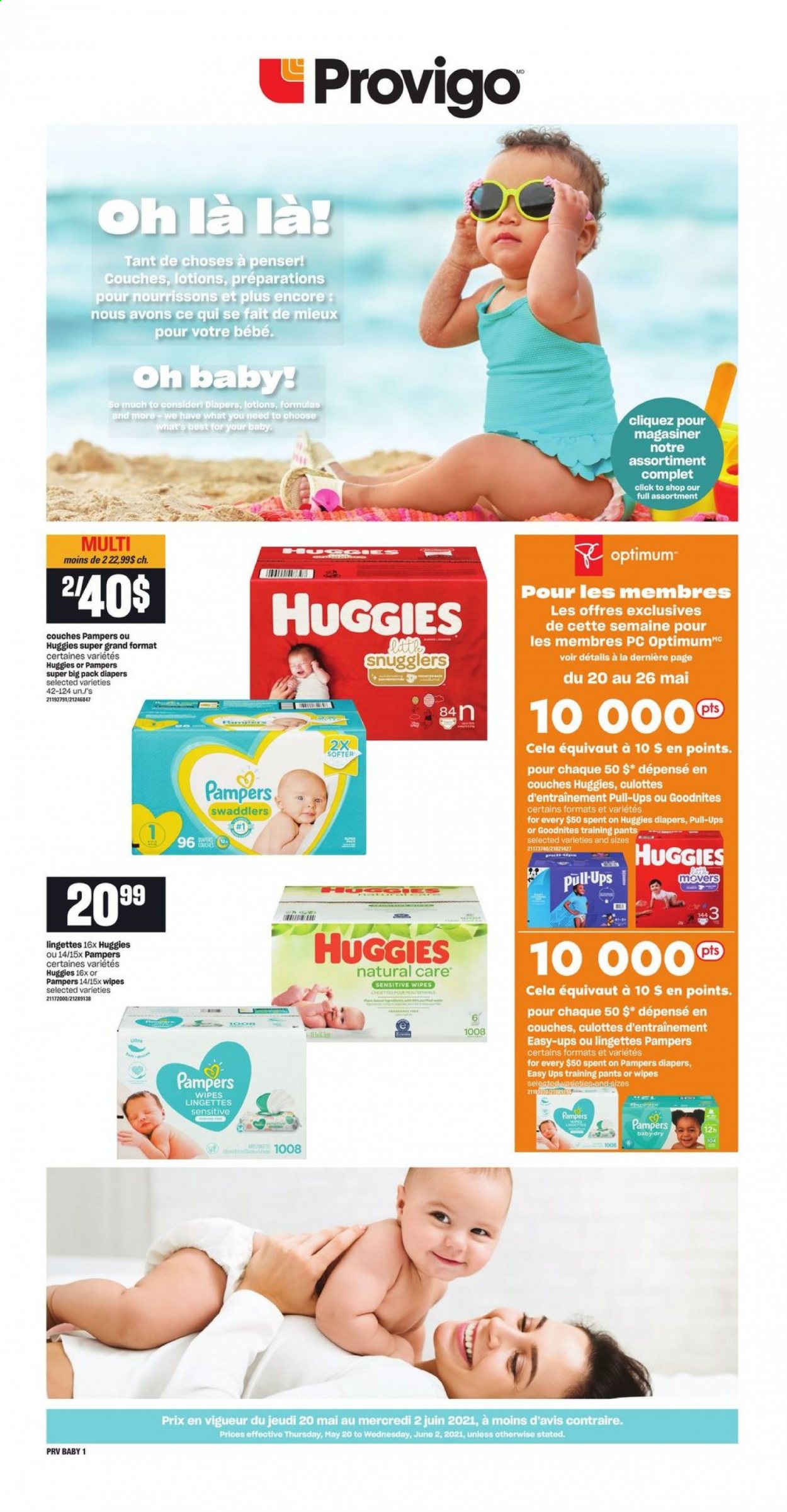 thumbnail - Provigo Flyer - May 20, 2021 - June 02, 2021 - Sales products - wipes, pants, nappies, baby pants, Huggies, Pampers. Page 1.