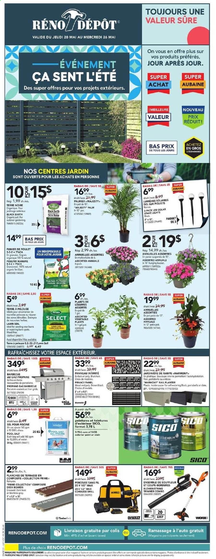 thumbnail - Réno-Dépôt Flyer - May 20, 2021 - May 26, 2021 - Sales products - trimmer, paint, solar stake, DeWALT, drill, string trimmer, blower, pool salt, pot. Page 1.