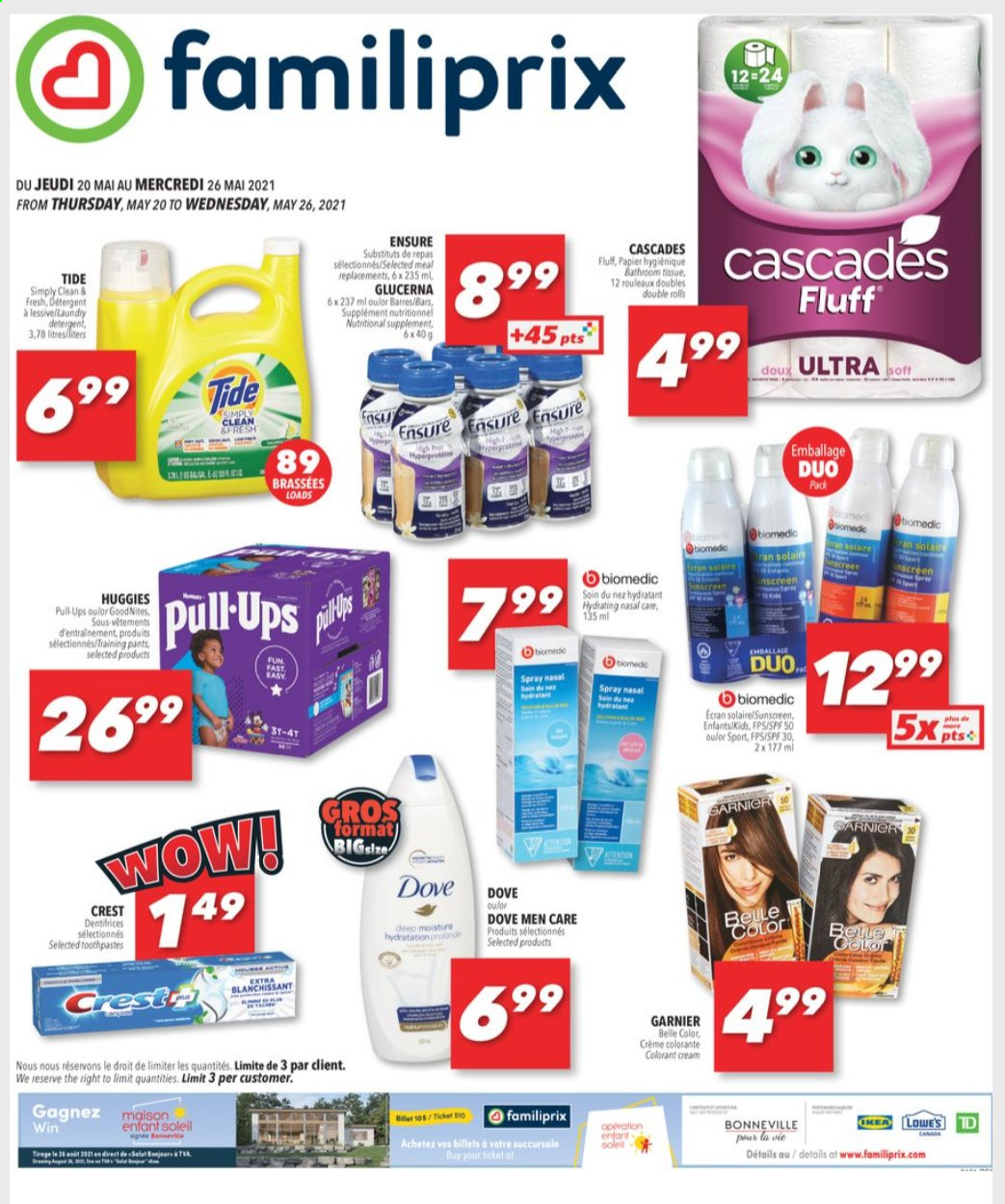 thumbnail - Familiprix Flyer - May 20, 2021 - May 26, 2021 - Sales products - pants, baby pants, bath tissue, Tide, laundry detergent, Crest, Glucerna, nasal spray, Garnier, Huggies. Page 1.