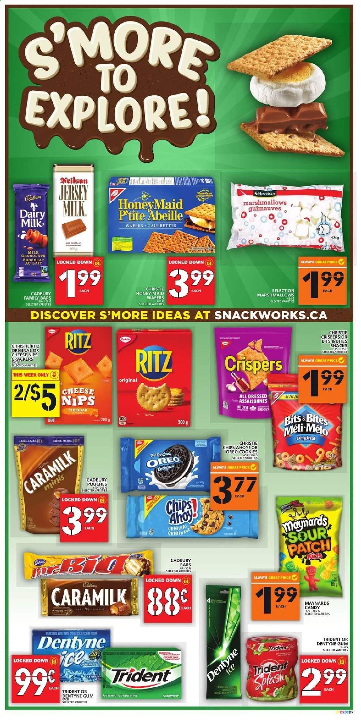 thumbnail - Food Basics Flyer - May 20, 2021 - May 26, 2021 - Sales products - Oreo, cookies, marshmallows, milk chocolate, wafers, chocolate, snack, crackers, Cadbury, Dairy Milk, Trident, Chips Ahoy!, Sour Patch, NIPS, RITZ, Honey Maid, chips. Page 8.