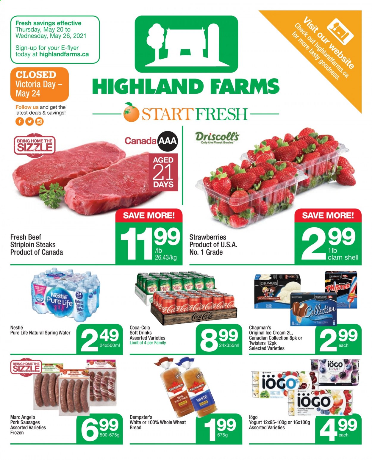 thumbnail - Highland Farms Flyer - May 20, 2021 - May 26, 2021 - Sales products - bread, wheat bread, strawberries, clams, sausage, pork sausage, ice cream, Coca-Cola, soft drink, spring water, water, carbonated soft drink, beef meat, steak, striploin steak, Nestlé. Page 1.