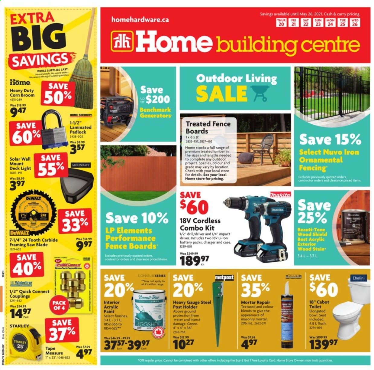 thumbnail - Home Building Centre Flyer - May 20, 2021 - May 26, 2021 - Sales products - iron, toilet, paint, Stanley, holder, DeWALT, drill, impact driver, saw, combo kit. Page 1.