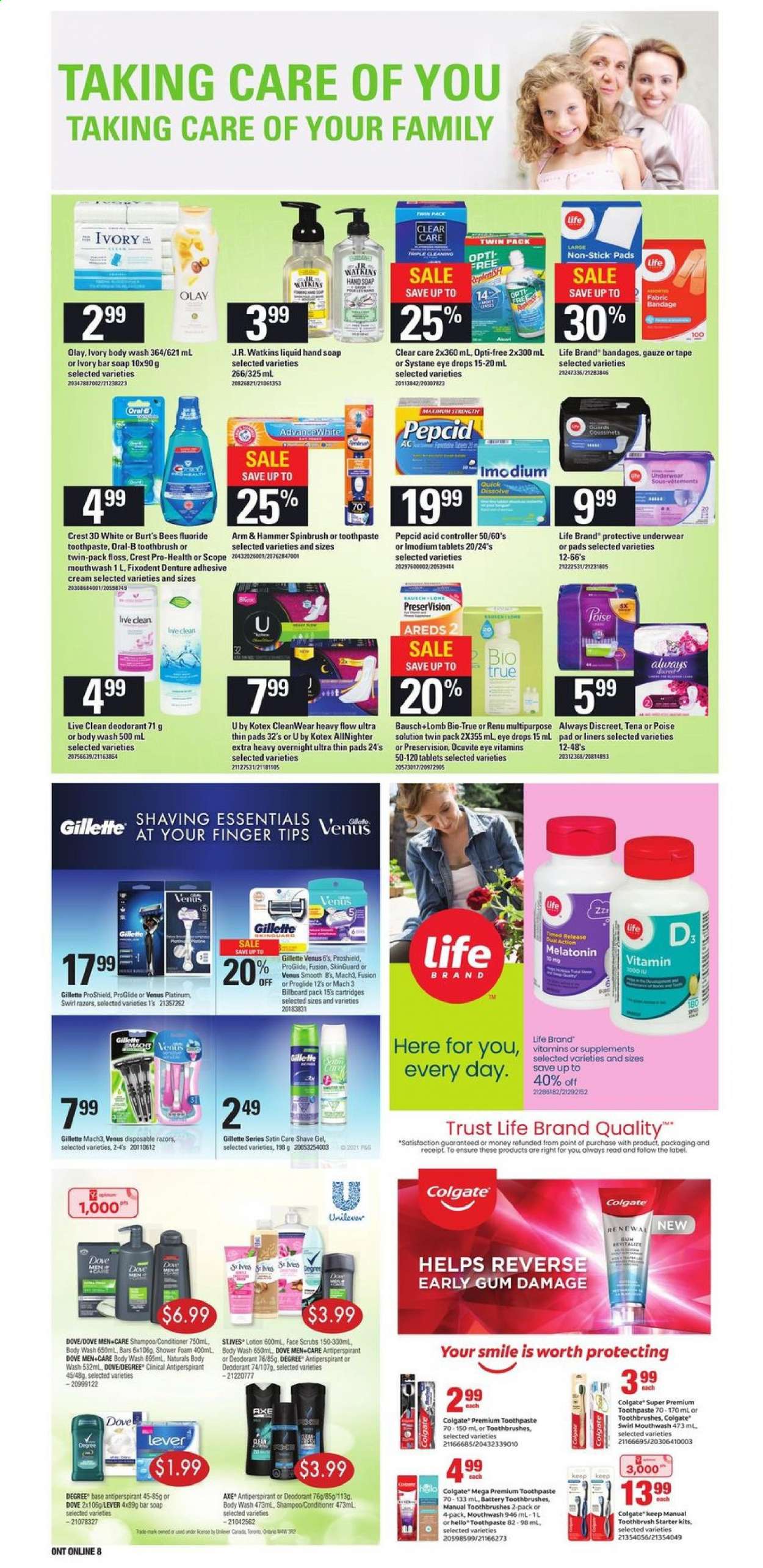 thumbnail - Independent Flyer - May 20, 2021 - May 26, 2021 - Sales products - Trust, ARM & HAMMER, body wash, hand soap, soap bar, soap, toothbrush, toothpaste, mouthwash, Fixodent, Crest, Always Discreet, Kotex, Olay, conditioner, body lotion, anti-perspirant, shave gel, Venus, disposable razor, battery, Clear Care, Melatonin, Pepcid, Biotrue, eye drops, Gillette, shampoo, Systane, Oral-B, deodorant. Page 12.