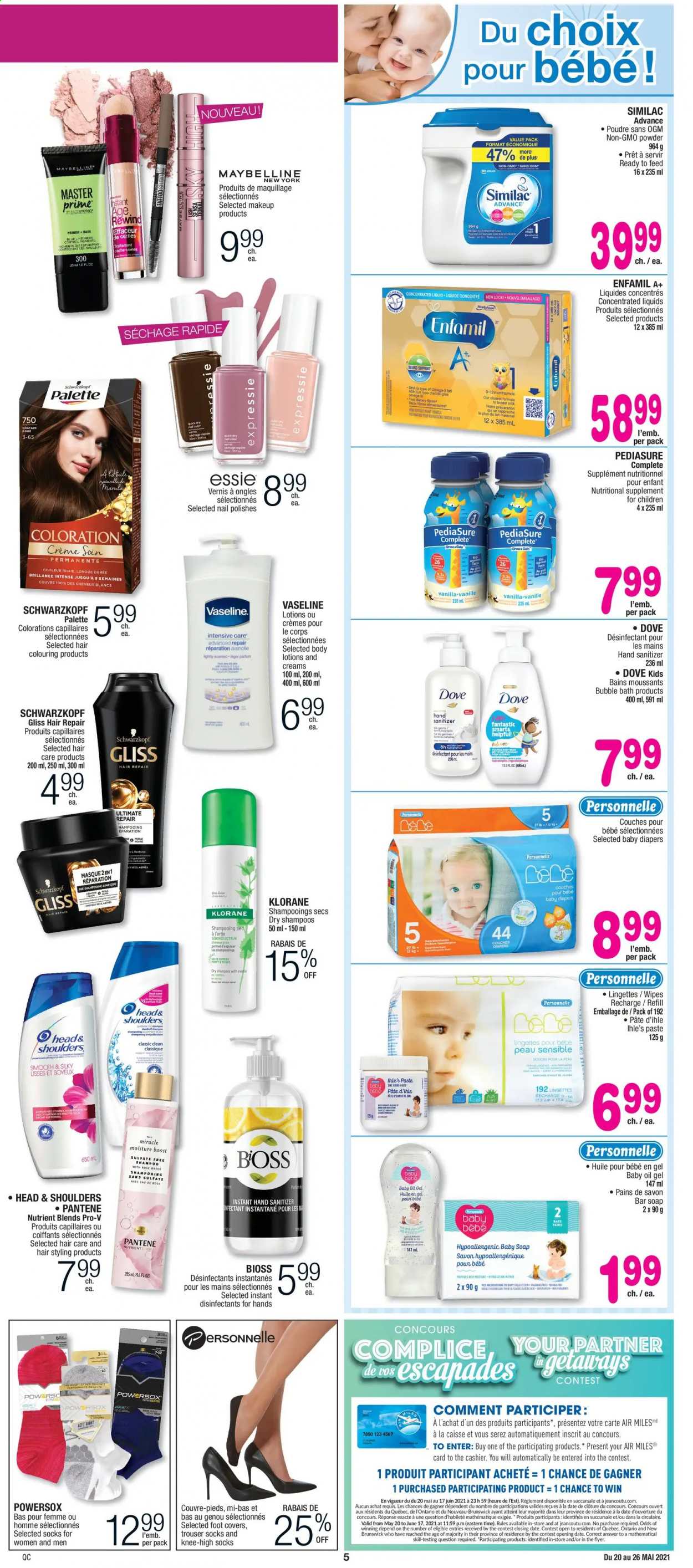 thumbnail - Jean Coutu Flyer - May 20, 2021 - May 26, 2021 - Sales products - oil, Boost, wipes, nappies, baby oil, bubble bath, Gliss, Vaseline, soap bar, soap, Klorane, hand sanitizer, quick dry, makeup, socks, nutritional supplement, Maybelline, shampoo, Head & Shoulders, Palette, Pantene. Page 3.