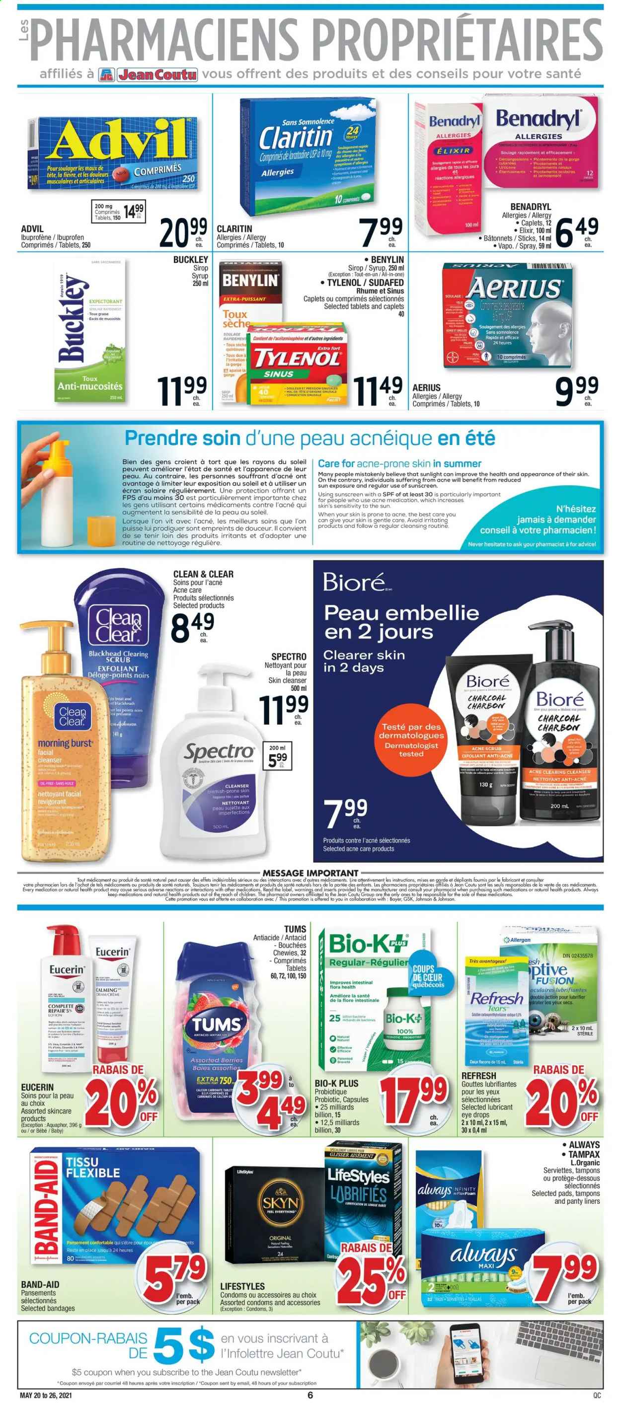 thumbnail - Jean Coutu Flyer - May 20, 2021 - May 26, 2021 - Sales products - syrup, Johnson's, Aquaphor, Sunlight, tampons, cleanser, Bioré®, Clean & Clear, Infinity, body lotion, lubricant, Sudafed, Tylenol, Ibuprofen, eye drops, Advil Rapid, Antacid, Bayer, Benylin, Eucerin, Tampax. Page 4.