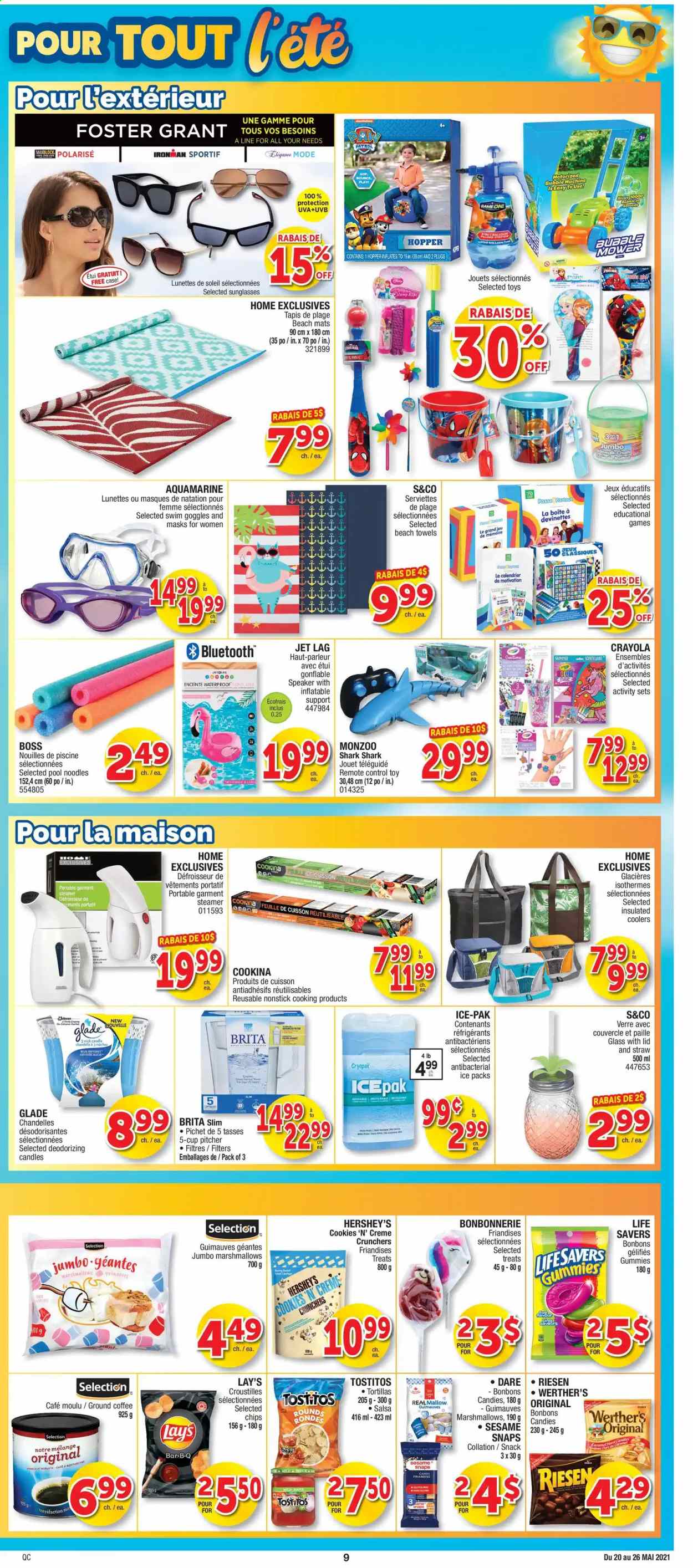 thumbnail - Jean Coutu Flyer - May 20, 2021 - May 26, 2021 - Sales products - cookies, marshmallows, Hershey's, tortillas, Lay’s, Tostitos, noodles, salsa, coffee, ground coffee, Bounce, Jet, pitcher, cup, straw, crayons, candle, Glade, beach towel, sunglasses, toys, chips. Page 7.
