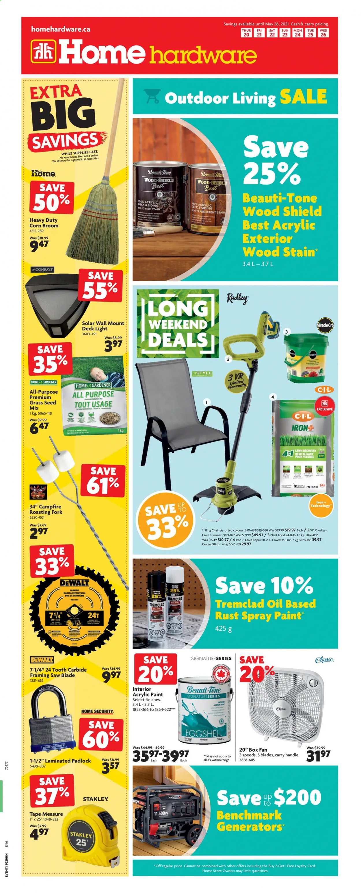 thumbnail - Home Hardware Flyer - May 20, 2021 - May 26, 2021 - Sales products - wall fan, iron, trimmer, chair, spray paint, paint, Stanley, DeWALT, saw, measuring tape, plant seeds, grass seed. Page 1.