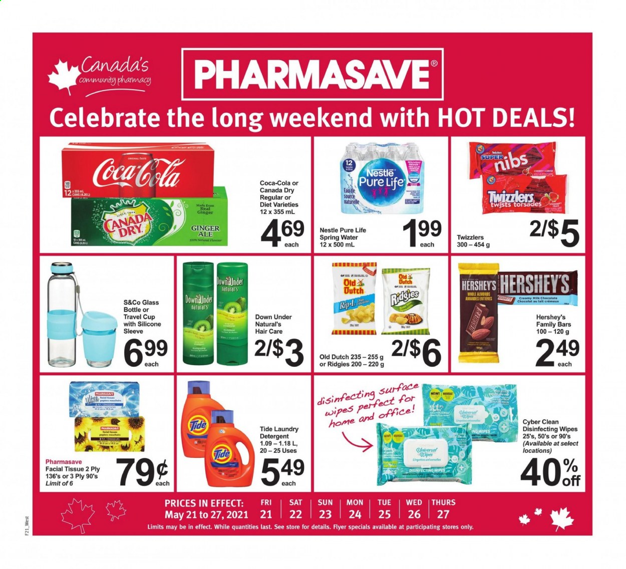 thumbnail - Pharmasave Flyer - May 21, 2021 - May 27, 2021 - Sales products - cherries, Hershey's, milk chocolate, chocolate, Canada Dry, Coca-Cola, ginger ale, spring water, wipes, tissues, Tide, laundry detergent, facial tissues, cup, glass bottle, Nestlé, chips. Page 1.