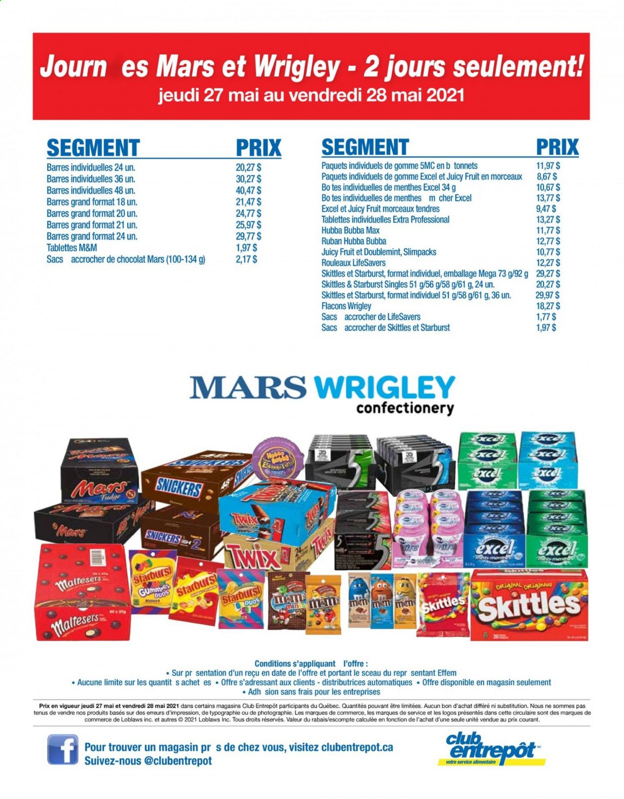 thumbnail - Wholesale Club Flyer - May 27, 2021 - May 28, 2021 - Sales products - Snickers, Twix, Mars, Skittles, Starburst, M&M's. Page 1.
