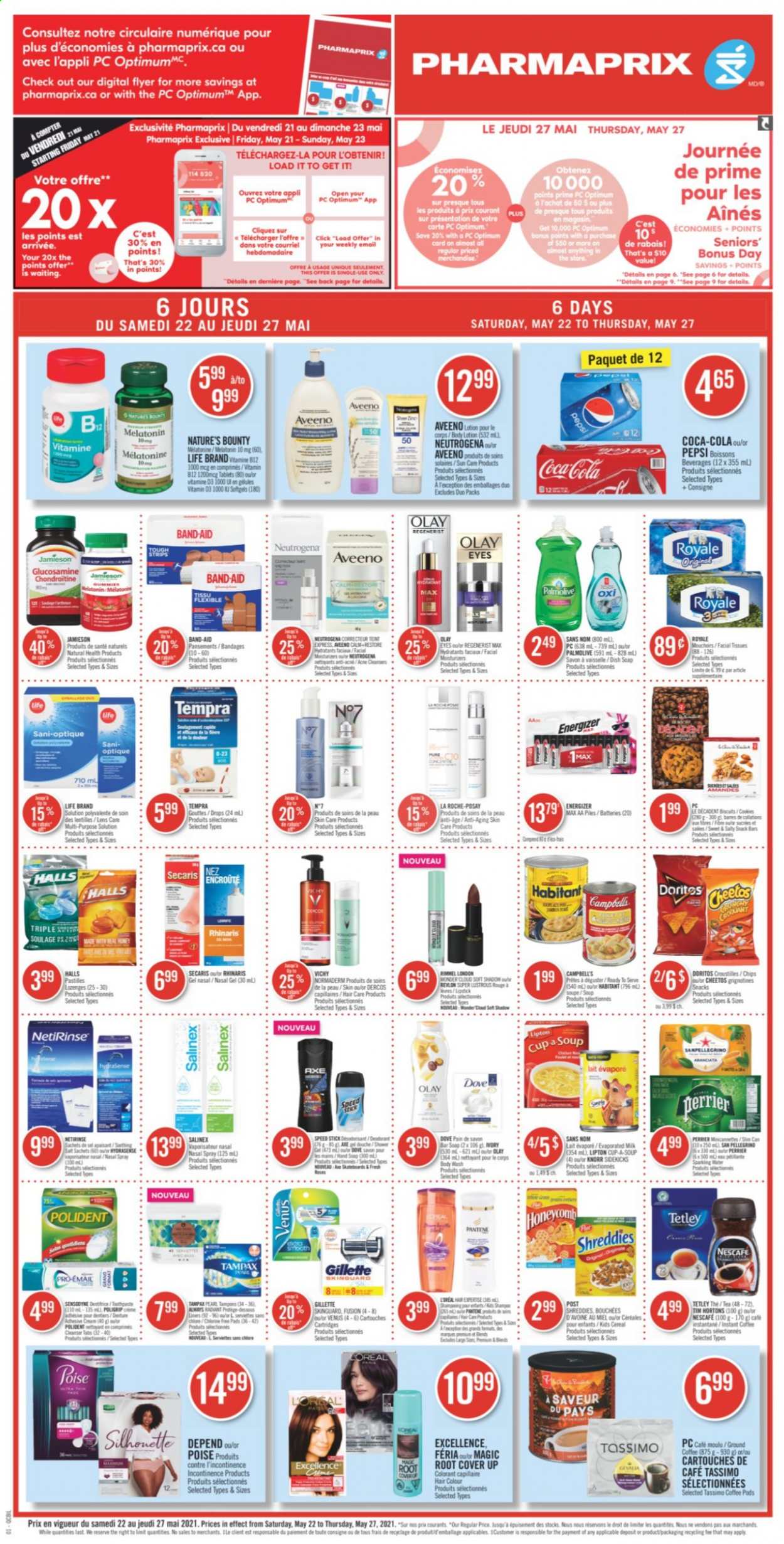 thumbnail - Pharmaprix Flyer - May 22, 2021 - May 27, 2021 - Sales products - Campbell's, soup, strips, Halls, snack, pastilles, snack bar, Doritos, Cheetos, cereals, Coca-Cola, Pepsi, Perrier, sparkling water, San Pellegrino, tea, coffee pods, instant coffee, ground coffee, Aveeno, tissues, body wash, Vichy, hand soap, Palmolive, soap bar, soap, Polident, tampons, cleanser, facial tissues, La Roche-Posay, Olay, Revlon, hair color, body lotion, Speed Stick, Venus, lipstick, Rimmel, cup, battery, lens, glucosamine, Melatonin, Nature's Bounty, vitamin B12, nasal spray, Knorr, Gillette, Neutrogena, Tampax, Pantene, chips, Sensodyne, Nescafé. Page 1.