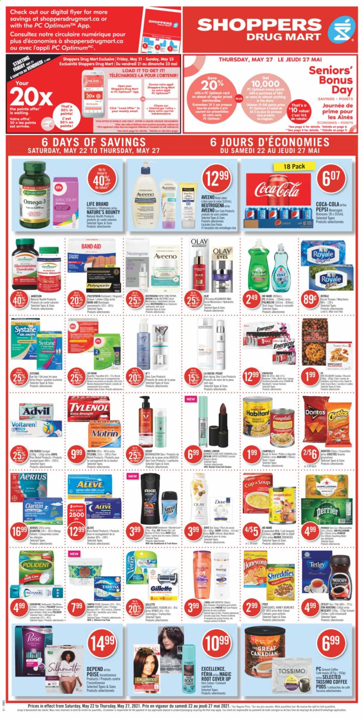 thumbnail - Shoppers Drug Mart Flyer - May 22, 2021 - May 27, 2021 - Sales products - snack, Doritos, Cheetos, soup, cereals, Campbell's, Coca-Cola, Pepsi, Perrier, sparkling water, San Pellegrino, tea, coffee pods, instant coffee, ground coffee, Aveeno, ointment, tissues, body wash, shower gel, Vichy, hand soap, Palmolive, soap bar, soap, Polident, tampons, cleanser, eye gel, facial tissues, L’Oréal, La Roche-Posay, Olay, Revlon, hair color, body lotion, anti-perspirant, Speed Stick, Venus, lipstick, Rimmel, pain relief, Aleve, glucosamine, Melatonin, Nature's Bounty, Tylenol, Omega-3, Advil Rapid, Spectrum, Motrin, Knorr, Gillette, Neutrogena, Systane, Tampax, Pantene, chips, Sensodyne, Nescafé, deodorant. Page 1.