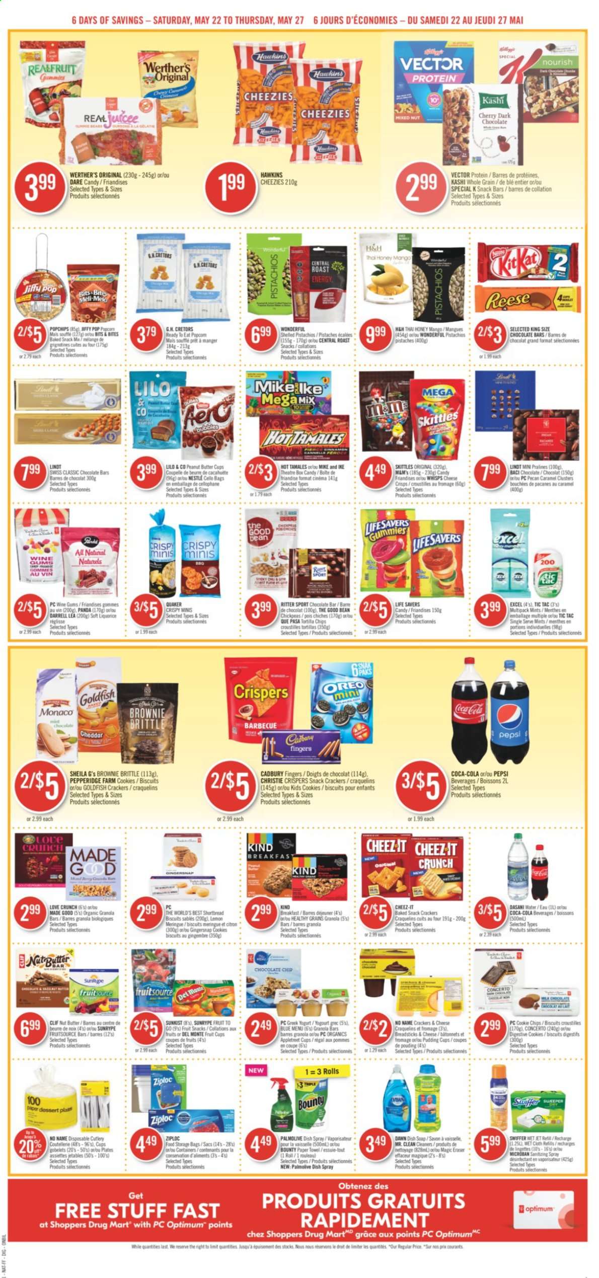 thumbnail - Shoppers Drug Mart Flyer - May 22, 2021 - May 27, 2021 - Sales products - cookies, Bounty, brownies, crackers, biscuit, dark chocolate, Cadbury, Digestive, Skittles, Tic Tac, Ritter Sport, peanut butter cups, fruit snack, snack bar, chocolate bar, bread sticks, tortilla chips, Goldfish, Cheez-It, pudding, granola bar, Quaker, chickpeas, honey, nut butter, pistachios, Coca-Cola, Pepsi, paper towels, Swiffer, Jet, Palmolive, soap, Ziploc, Nestlé, Oreo, chips. Page 4.