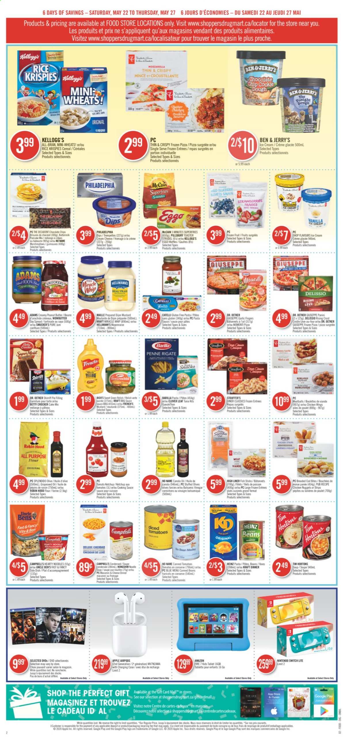 thumbnail - Shoppers Drug Mart Flyer - May 22, 2021 - May 27, 2021 - Sales products - marshmallows, cake, snack, Kellogg's, waffles, all purpose flour, flour, pancakes, Dr. Oetker, beans, garlic, strawberries, Heinz, pasta sauce, soup, sauce, Uncle Ben's, cereals, Rice Krispies, All-Bran, Barilla, noodles, penne, Campbell's, mustard, Hellmann’s, Kraft®, balsamic vinegar, canola oil, oil, grape seed oil, fruit jam, peanut butter, Clover, tuna, olives. Page 6.