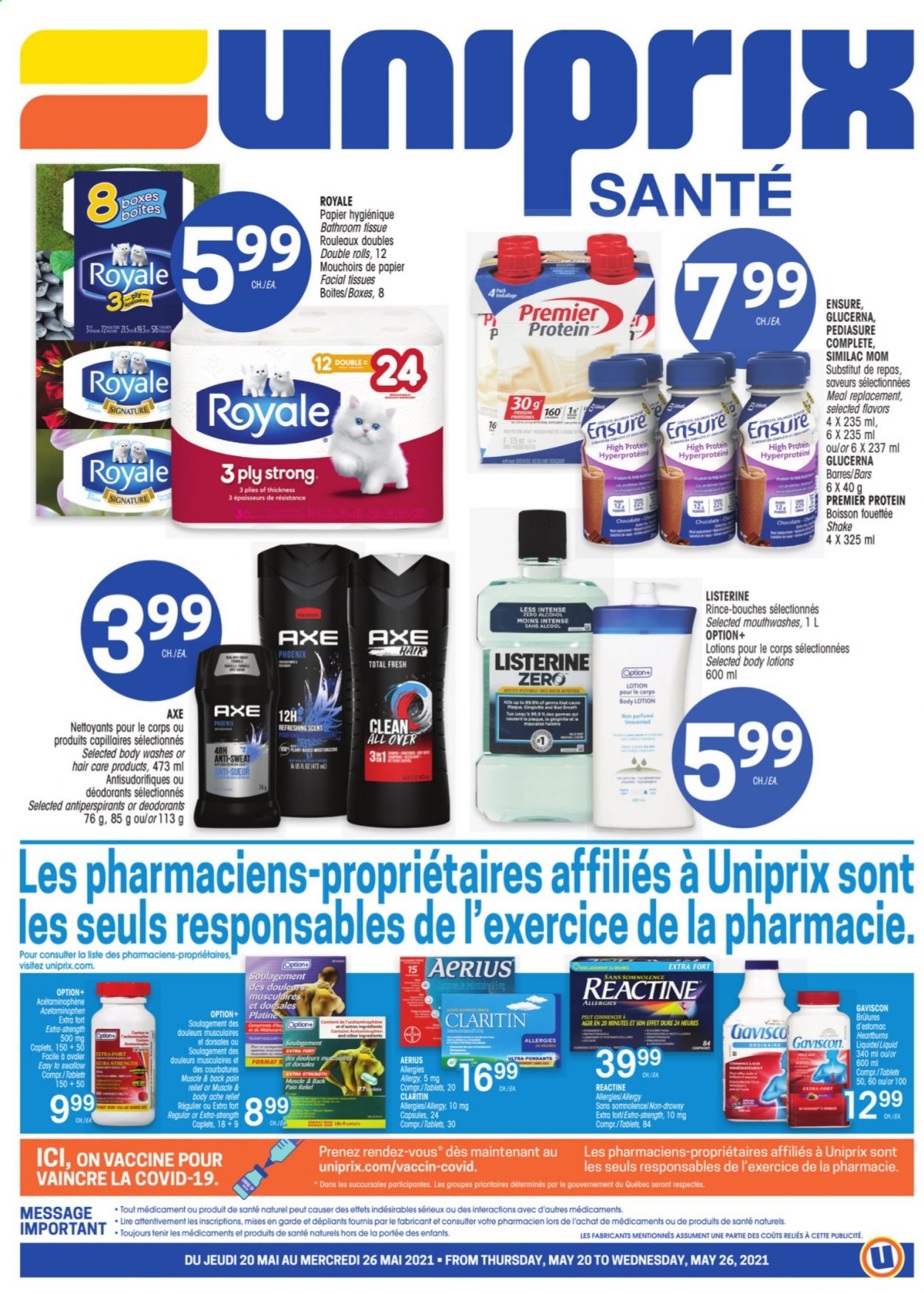 thumbnail - Uniprix Santé Flyer - May 20, 2021 - May 26, 2021 - Sales products - chocolate, Similac, bath tissue, facial tissues, body lotion, pain relief, Glucerna, Gaviscon, alcohol, Listerine, deodorant. Page 1.