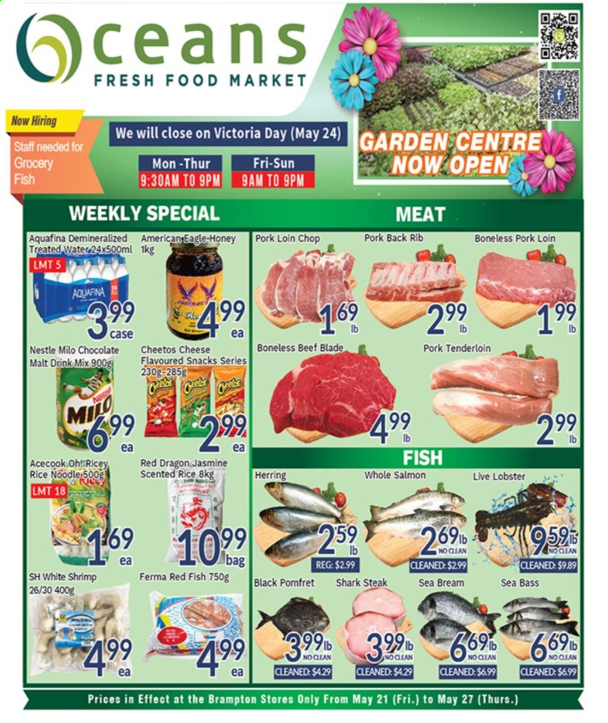 thumbnail - Oceans Flyer - May 21, 2021 - May 27, 2021 - Sales products - snack, lobster, salmon, sea bass, herring, fish, seabream, shrimps, Milo, chocolate, Cheetos, salty snack, rice, Aquafina, water, steak, pork loin, pork meat, pork tenderloin, Nestlé. Page 1.
