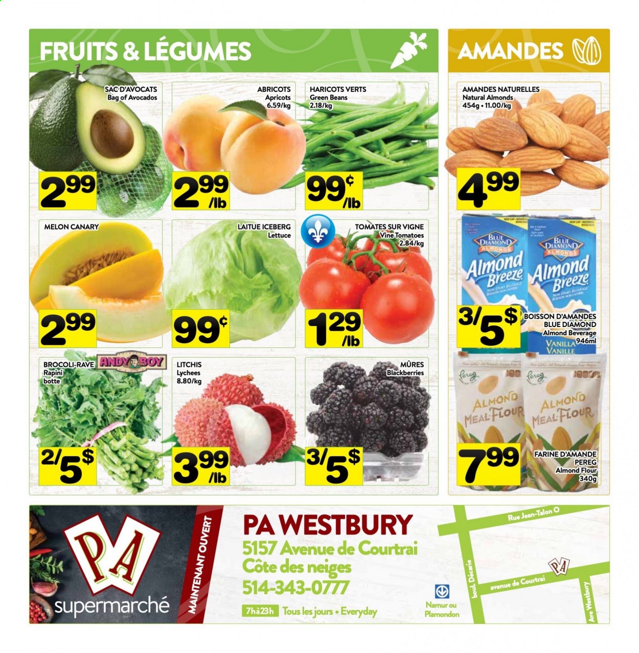 thumbnail - PA Supermarché Flyer - May 24, 2021 - May 30, 2021 - Sales products - beans, green beans, lettuce, avocado, blackberries, melons, apricots, Almond Breeze, almond meal, flour, almond flour, Blue Diamond. Page 8.