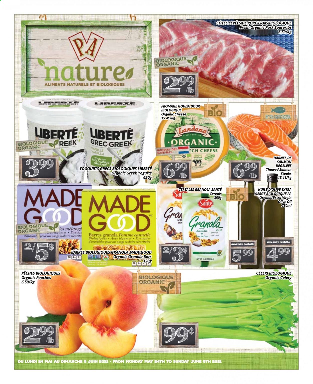 thumbnail - Circulaire PA Nature - 24 Mai 2021 - 06 Juin 2021 - Produits soldés - pommes, pêche, saumon, fromage, granola, céréales, huile d'olive, cannelle, céleri, huile, steak. Page 1.