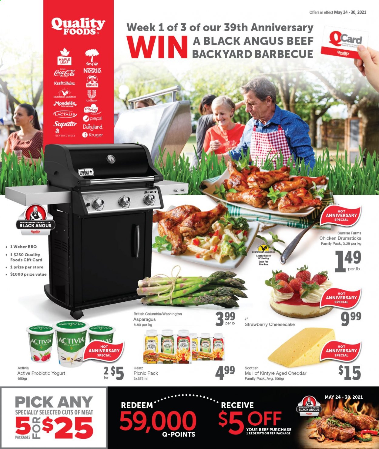 thumbnail - Quality Foods Flyer - May 24, 2021 - May 30, 2021 - Sales products - cheesecake, asparagus, Quaker, cheddar, cheese, yoghurt, probiotic yoghurt, Activia, Frito-Lay, Heinz, Coca-Cola, Pepsi, chicken drumsticks, chicken, beef meat, probiotics, Nestlé. Page 1.