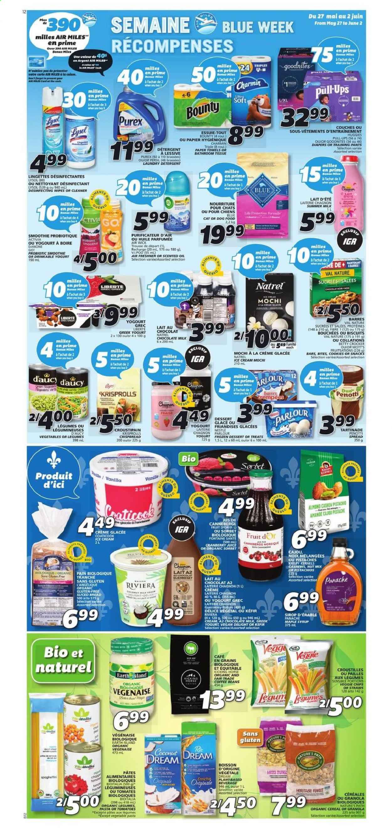 thumbnail - IGA Flyer - May 27, 2021 - June 02, 2021 - Sales products - bread, crispbread, tomatoes, coconut, Mott's, greek yoghurt, yoghurt, Activia, milk, kefir, ice cream, cookies, milk chocolate, Bounty, biscuit, cereals, oil, maple syrup, syrup, cashews, pistachios, cranberry juice, juice, smoothie, coffee beans, Danone, Nestlé, granola. Page 7.