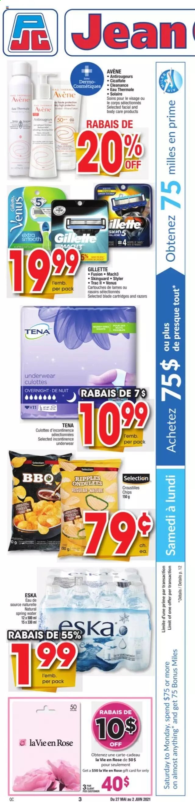 thumbnail - Jean Coutu Flyer - May 27, 2021 - June 02, 2021 - Sales products - spring water, incontinence underwear, Venus, Gillette, chips. Page 11.