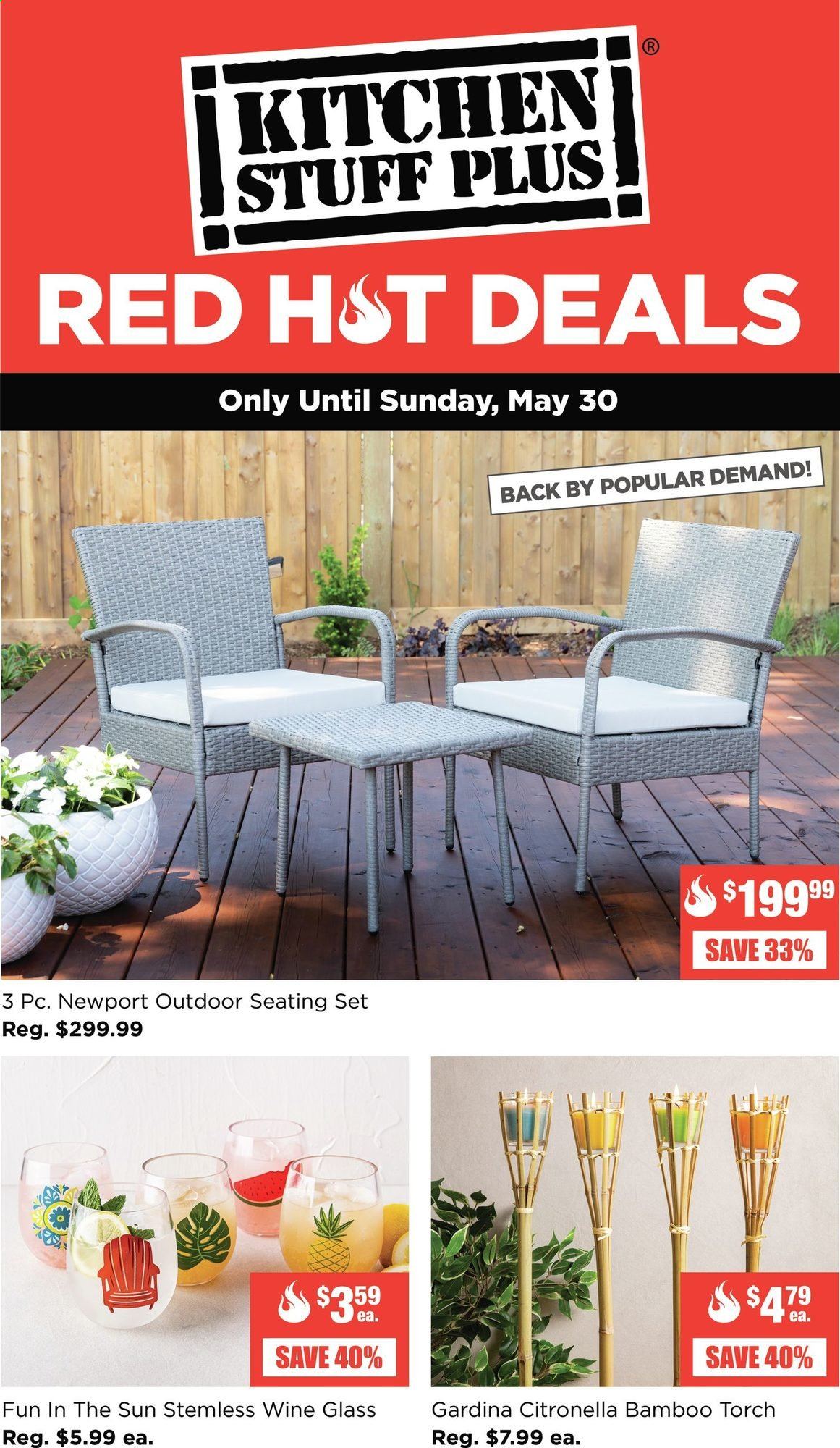 thumbnail - Kitchen Stuff Plus Flyer - May 25, 2021 - May 30, 2021 - Sales products - wine glass, seating set. Page 1.