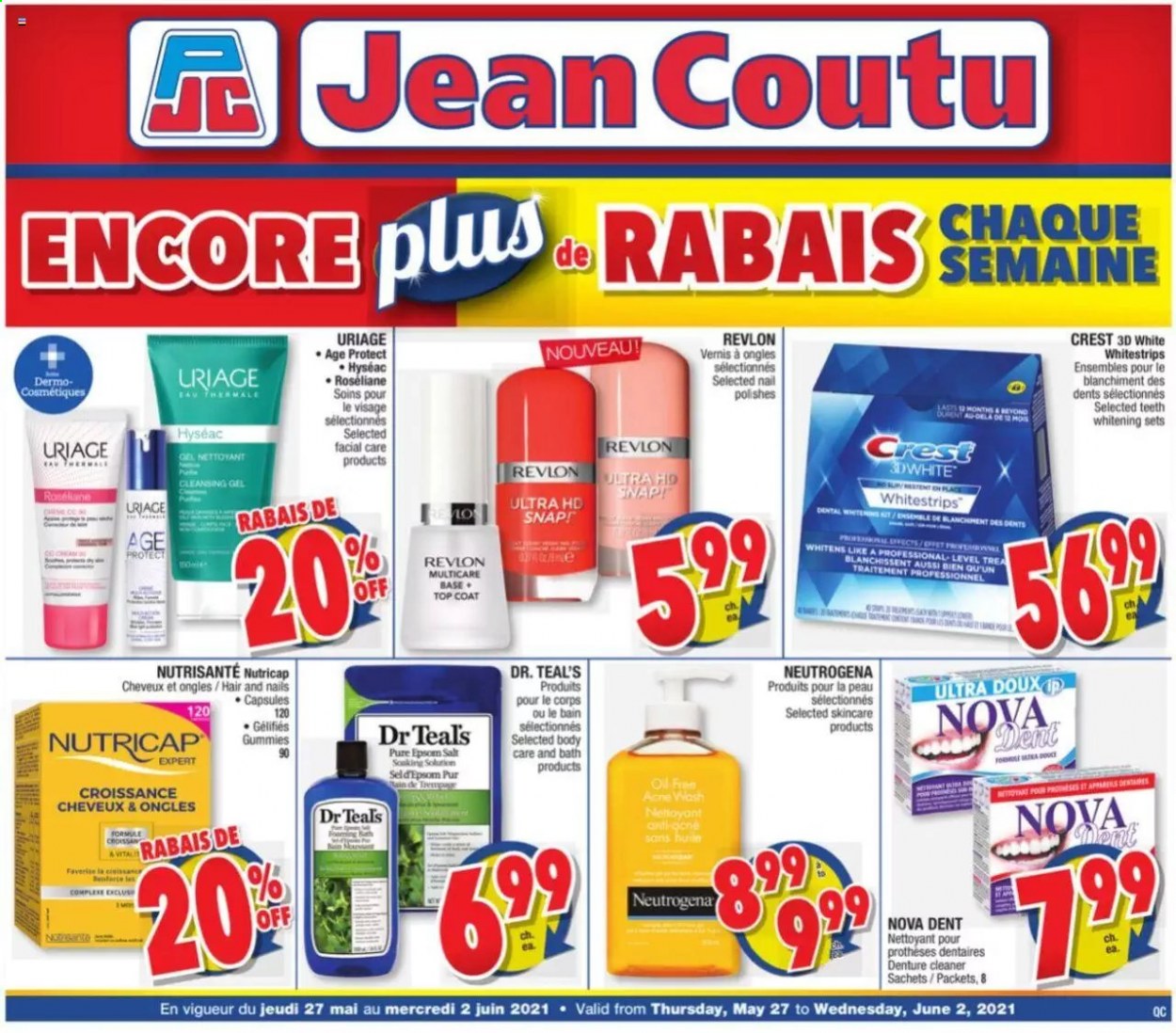 thumbnail - Jean Coutu Flyer - May 27, 2021 - June 02, 2021 - Sales products - cleaner, Crest, Revlon, top coat, Neutrogena. Page 1.