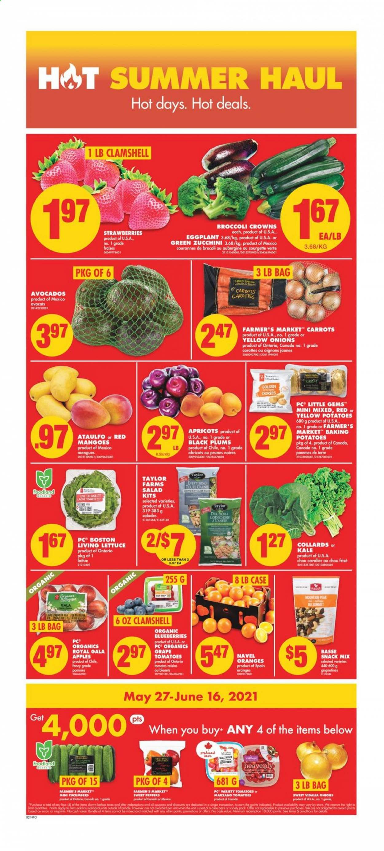 thumbnail - No Frills Flyer - May 27, 2021 - June 02, 2021 - Sales products - carrots, cucumber, sweet peppers, tomatoes, zucchini, kale, potatoes, onion, lettuce, salad, peppers, eggplant, apples, avocado, Gala, strawberries, plums, apricots, black plums, navel oranges, snack, prunes, dried fruit, raisins. Page 3.