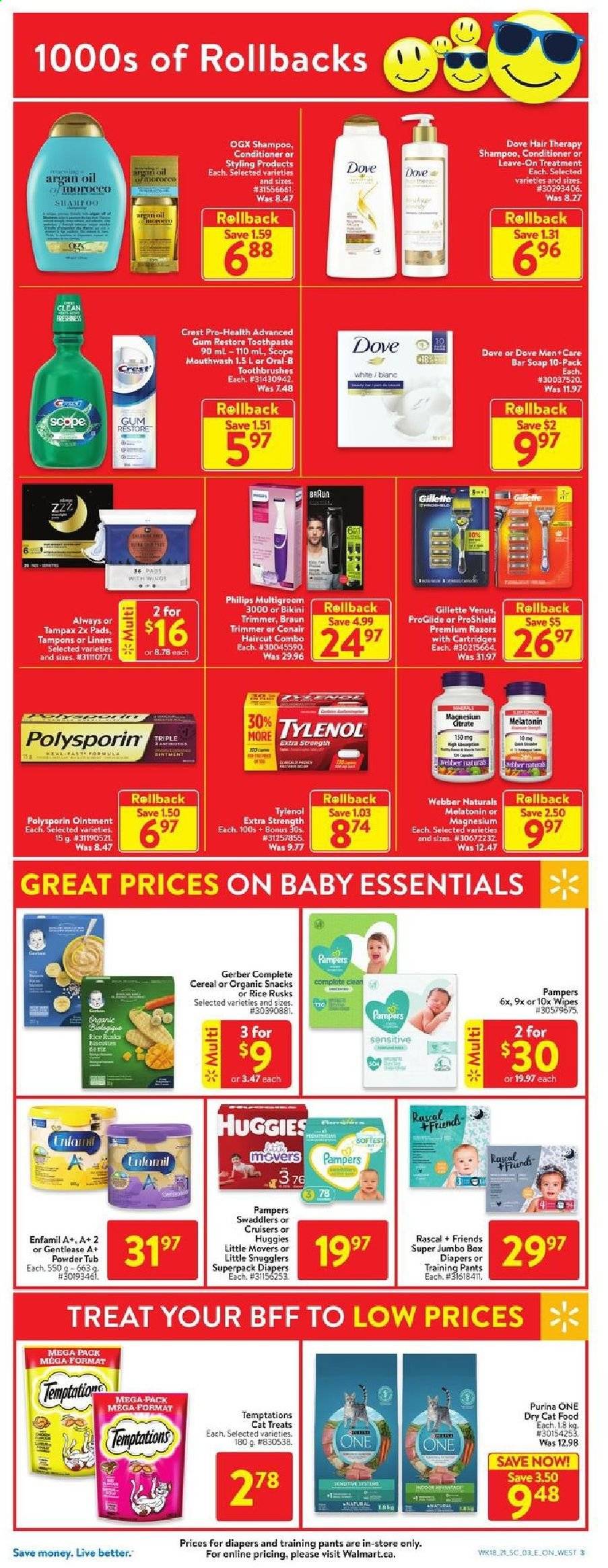 thumbnail - Circulaire Walmart - 27 Mai 2021 - 02 Juin 2021 - Produits soldés - Philips, Purina, shampooing, Always, Braun, Dove, Gillette, Huggies, Tampax, Oral-b, Pampers. Page 3.
