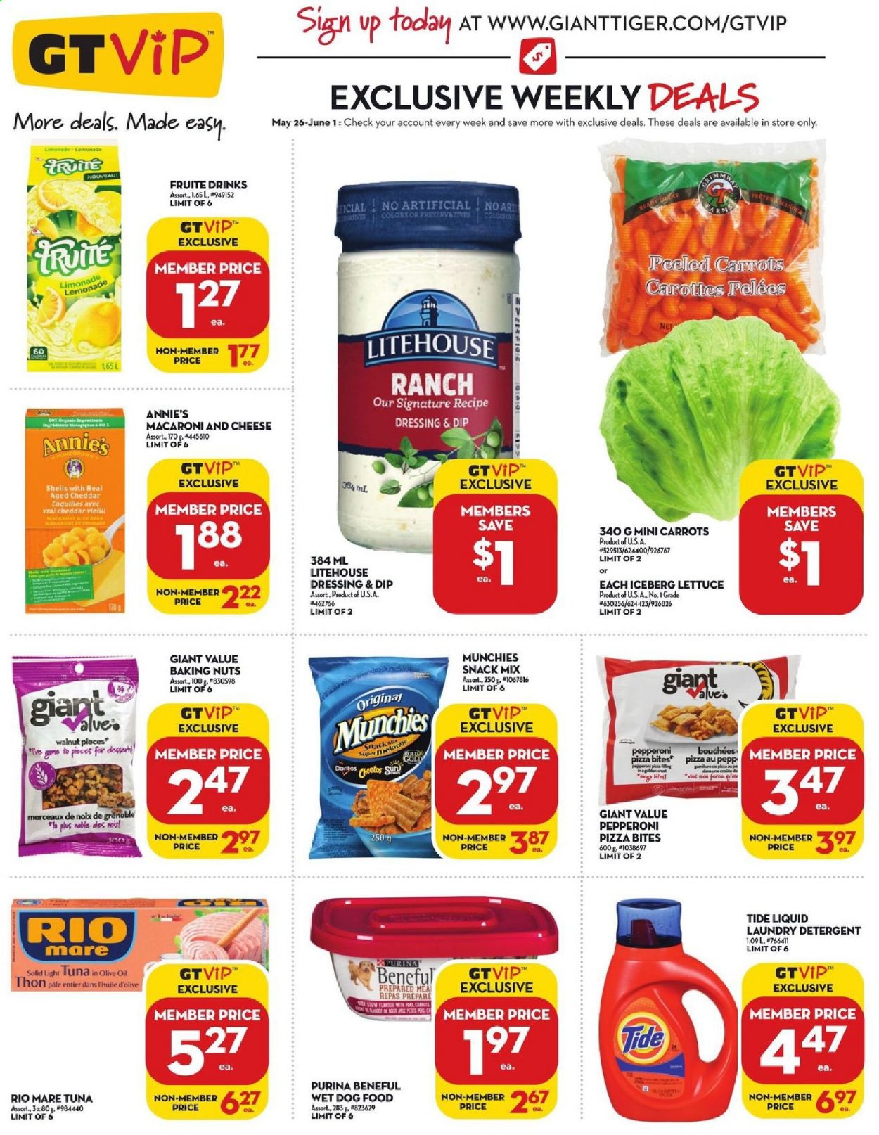 thumbnail - Giant Tiger Flyer - May 26, 2021 - June 01, 2021 - Sales products - macaroni & cheese, pizza, Annie's, pepperoni, cheddar, snack, light tuna, dressing, walnuts, lemonade, Tide, laundry detergent, animal food, dog food, wet dog food, Purina. Page 4.