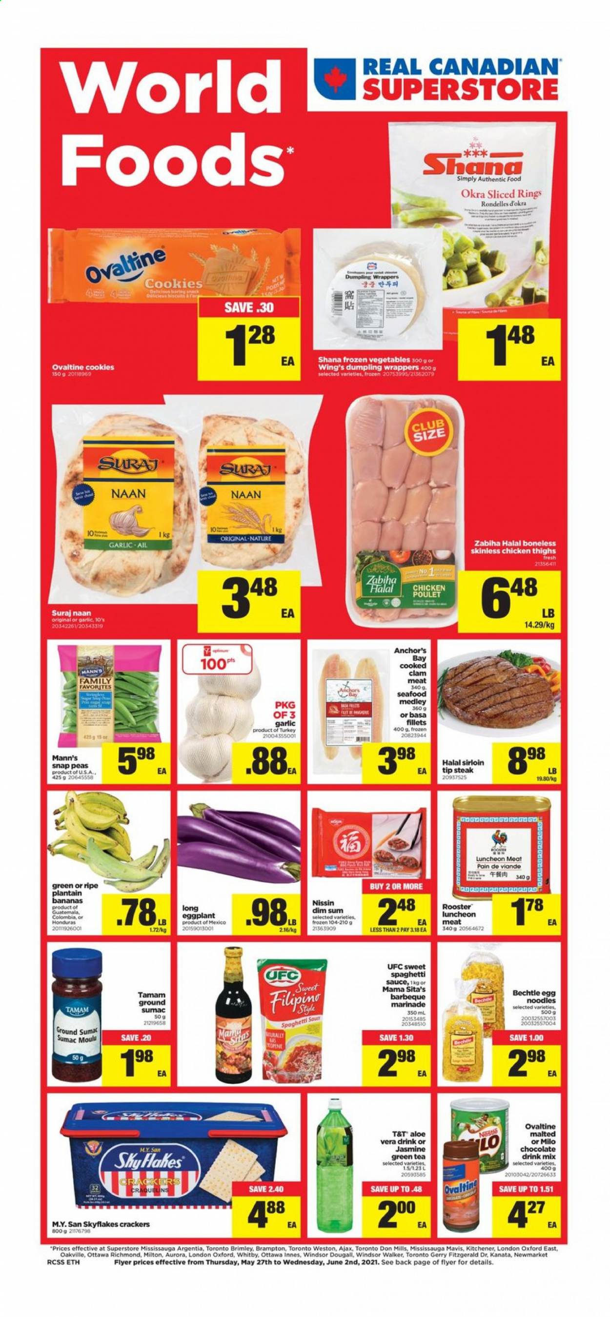 thumbnail - Real Canadian Superstore Flyer - May 27, 2021 - June 02, 2021 - Sales products - garlic, peas, okra, eggplant, bananas, clams, seafood, spaghetti, dumplings, noodles, Nissin, spaghetti sauce, lunch meat, Milo, Anchor, frozen vegetables, snap peas, cookies, chocolate, crackers, Skyflakes, egg noodles, marinade, chocolate drink, green tea, tea, chicken thighs, chicken, Ajax, Optimum, steak. Page 1.