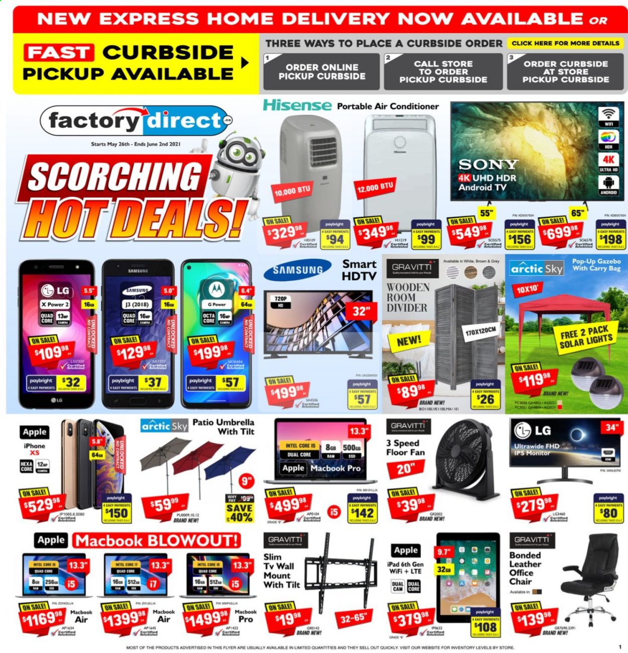 thumbnail - Factory Direct Flyer - May 26, 2021 - June 02, 2021 - Sales products - Sony, Intel, Apple, iPad, pin, Samsung, iPhone, MacBook, MacBook Air, Android TV, UHD TV, ultra hd, HDTV, TV, tv wall mount, air conditioner, portable air conditioner, LG, monitor, Hisense. Page 1.