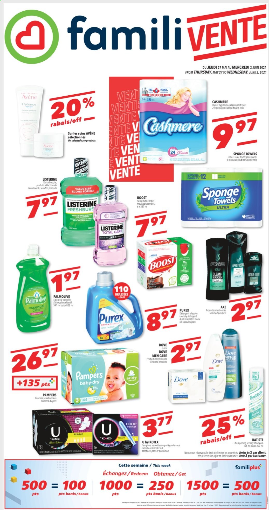 thumbnail - Familiprix Flyer - May 27, 2021 - June 02, 2021 - Sales products - Boost, nappies, tissues, kitchen towels, paper towels, laundry detergent, Purex, dishwashing liquid, Palmolive, mouthwash, pantiliners, Kotex, tampons, Listerine, shampoo, Pampers. Page 1.
