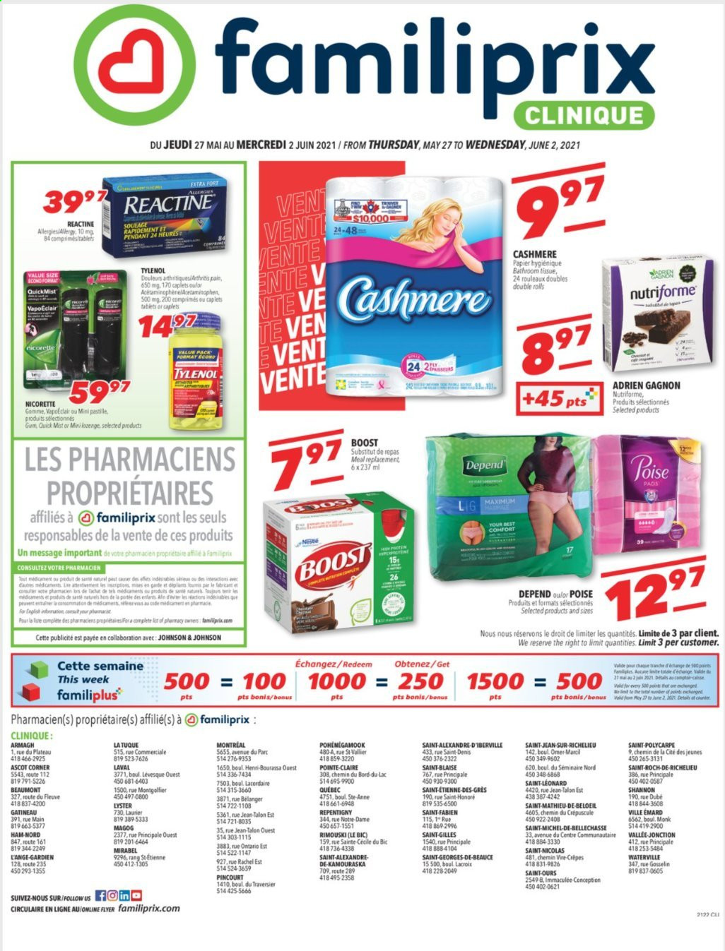 thumbnail - Familiprix Clinique Flyer - May 27, 2021 - June 02, 2021 - Sales products - Boost, Johnson's, bath tissue, Clinique, BIC, Nicorette, Tylenol. Page 1.