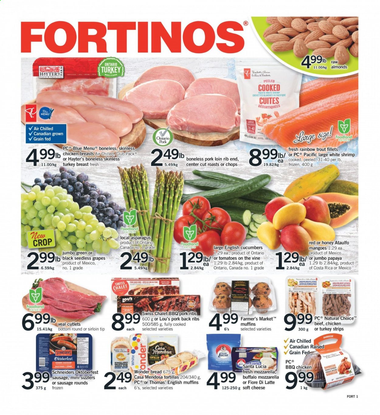 thumbnail - Circulaire Fortinos - 27 Mai 2021 - 02 Juin 2021 - Produits soldés - tortilla, poulet, viande de poulet, saucisse, mozzarella, crevettes. Page 1.