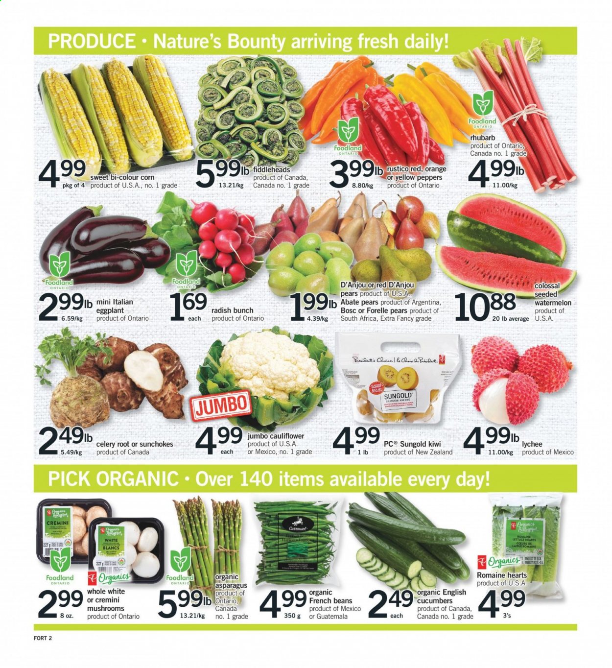 thumbnail - Fortinos Flyer - May 27, 2021 - June 02, 2021 - Sales products - mushrooms, asparagus, beans, cauliflower, celery, corn, cucumber, french beans, radishes, rhubarb, lettuce, peppers, eggplant, lychee, watermelon, pears, Nature's Bounty, kiwi. Page 3.