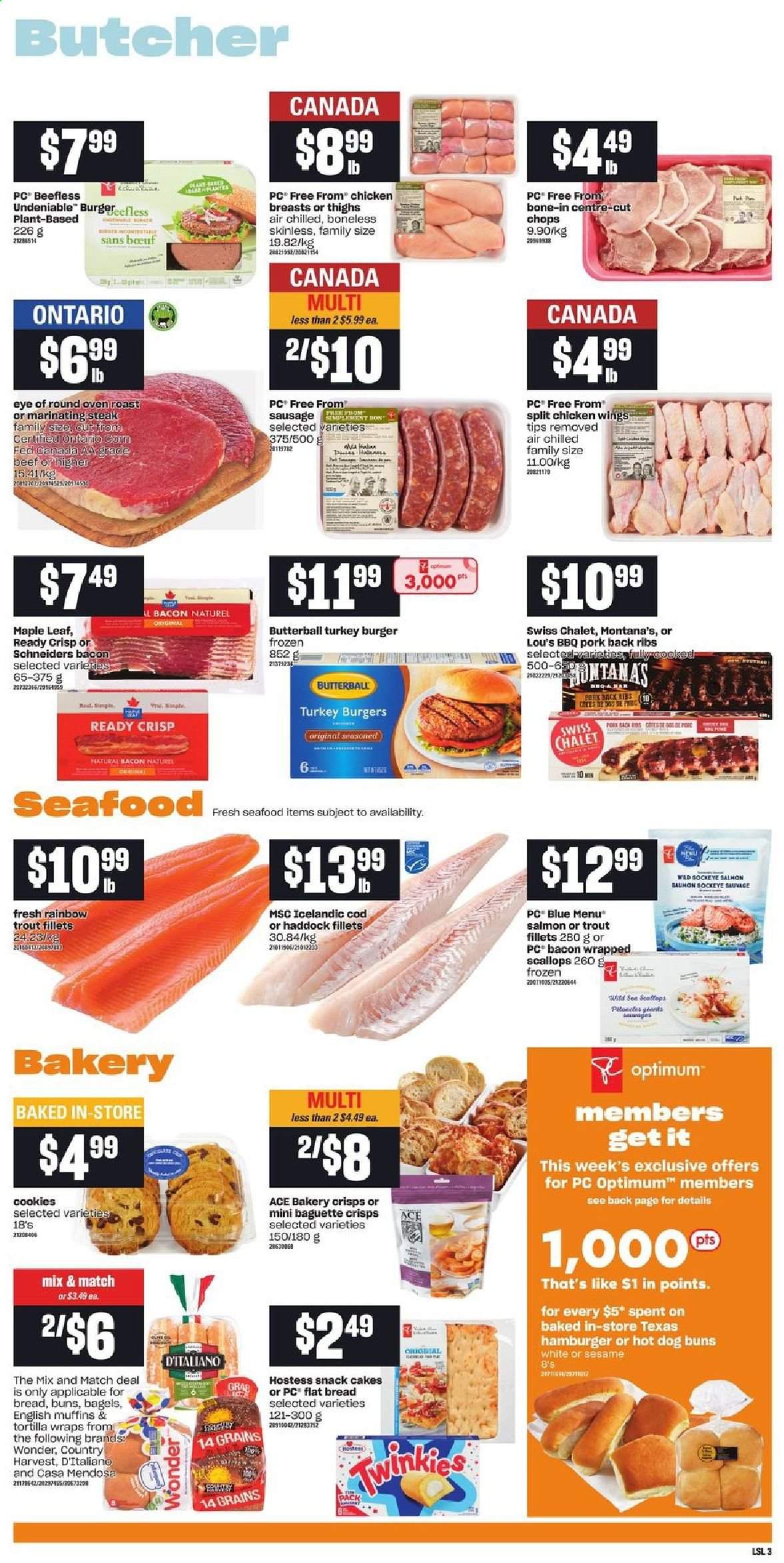 thumbnail - Loblaws Flyer - May 27, 2021 - June 02, 2021 - Sales products - bagels, english muffins, tortillas, cake, buns, ACE Bakery, wraps, bacon wrapped scallops, cod, salmon, scallops, trout, haddock, seafood, bacon, Butterball, sausage, Country Harvest, chicken wings, cookies, snack, chicken breasts, eye of round, turkey burger, pork meat, pork ribs, pork back ribs, Optimum, steak. Page 4.