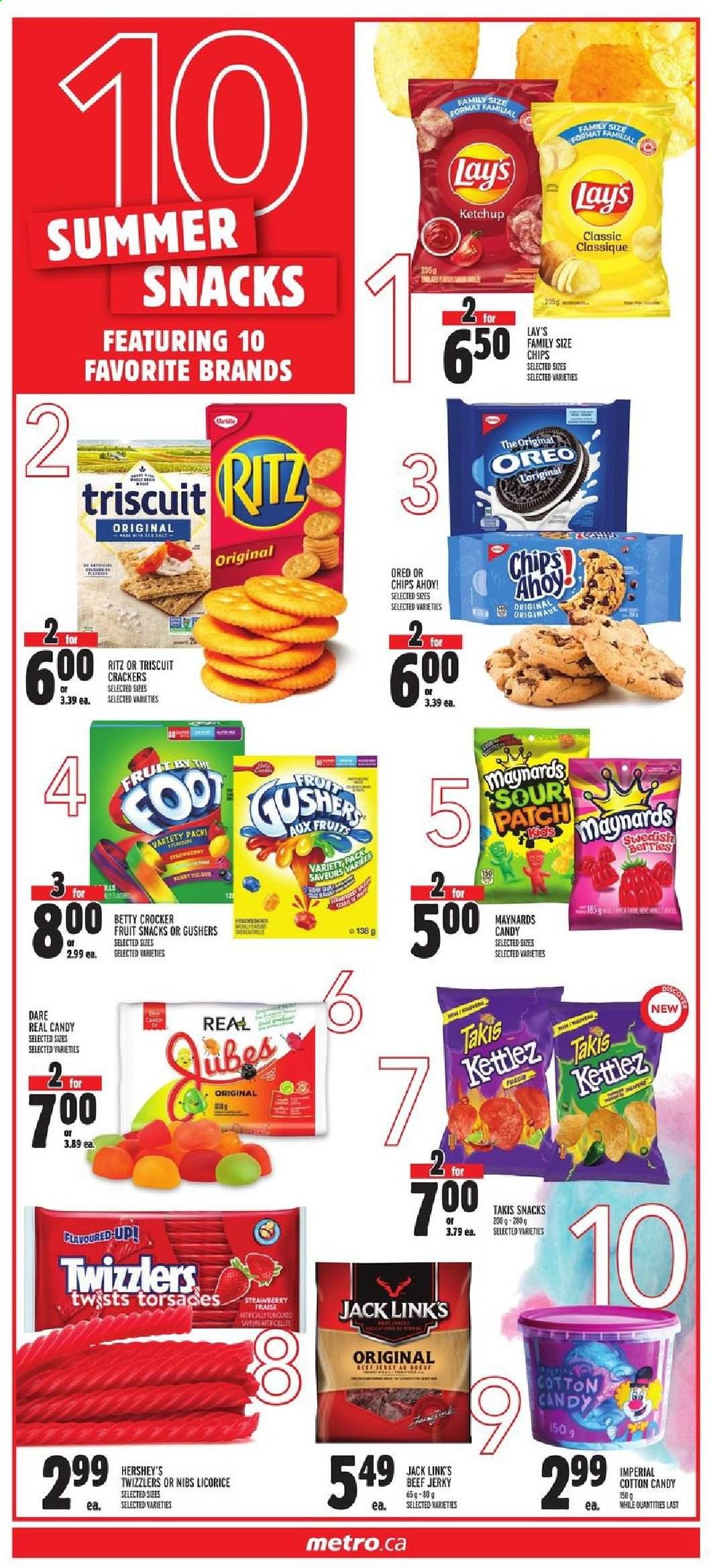 thumbnail - Metro Flyer - May 27, 2021 - June 02, 2021 - Sales products - beef jerky, jerky, Hershey's, cotton candy, crackers, fruit snack, Chips Ahoy!, sour patch, RITZ, Lay’s, Jack Link's, Dial, chips. Page 6.