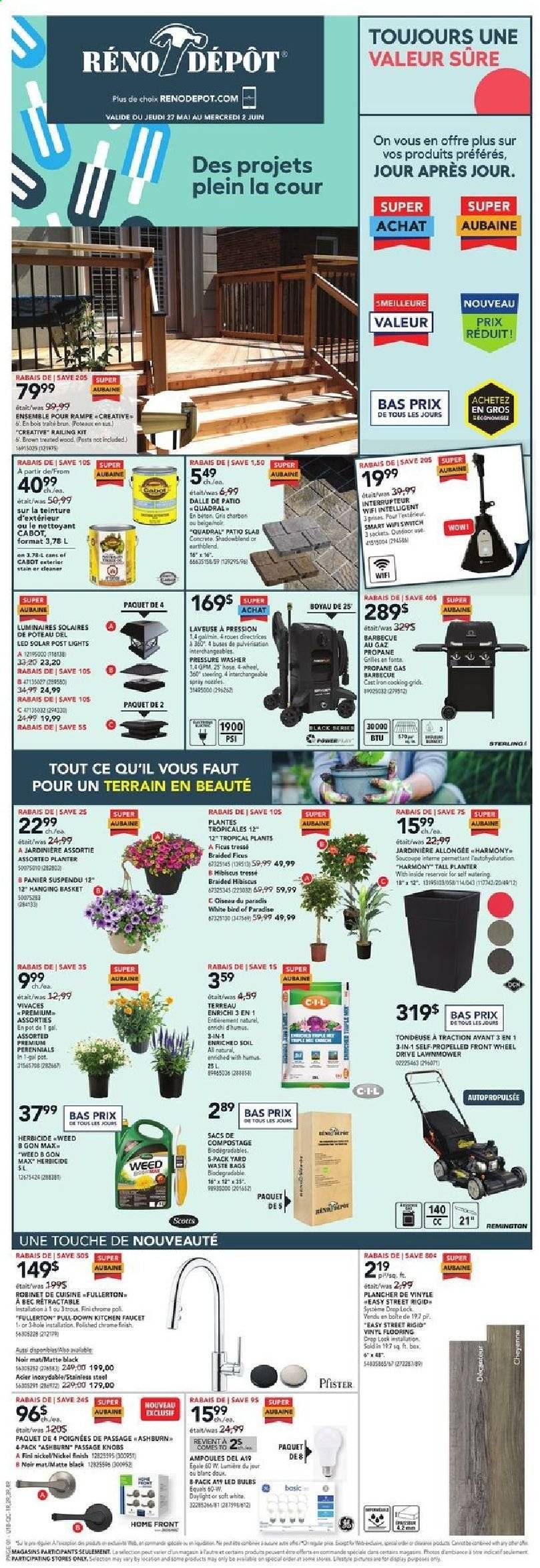 thumbnail - Réno-Dépôt Flyer - May 27, 2021 - June 02, 2021 - Sales products - faucet, switch, vinyl, lawn mower, pressure washer, pot, Remington. Page 1.