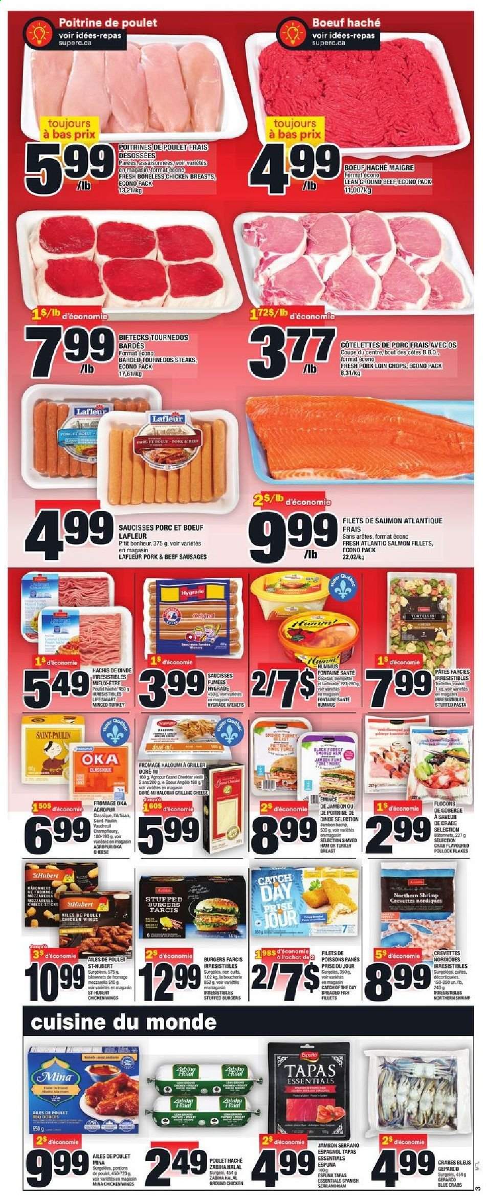 thumbnail - Super C Flyer - May 27, 2021 - June 02, 2021 - Sales products - salmon, salmon fillet, pollock, crab, fish, shrimps, hamburger, pasta, breaded fish, ham, sausage, beef sausage, hummus, cheddar, cheese, chicken wings, turkey breast, turkey, beef meat, ground beef, pork chops, pork loin, pork meat, steak. Page 5.