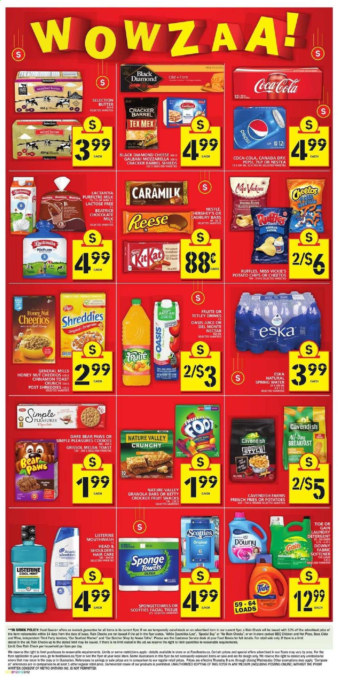 thumbnail - Food Basics Flyer - May 27, 2021 - June 02, 2021 - Sales products - seafood, pizza, Galbani, milk, butter, Hershey's, potato fries, french fries, cookies, milk chocolate, chocolate, crackers, Cadbury, fruit snack, potato chips, Cheetos, Ruffles, Cheerios, granola bar, Nature Valley, cinnamon, Canada Dry, Coca-Cola, Pepsi, juice, 7UP, spring water, tea, wine, cider, beer, tissues, Gain, Tide, fabric softener, laundry detergent, Downy Laundry, mouthwash, sponge, towel, Paws, Nestlé, Listerine, Head & Shoulders, chips. Page 8.