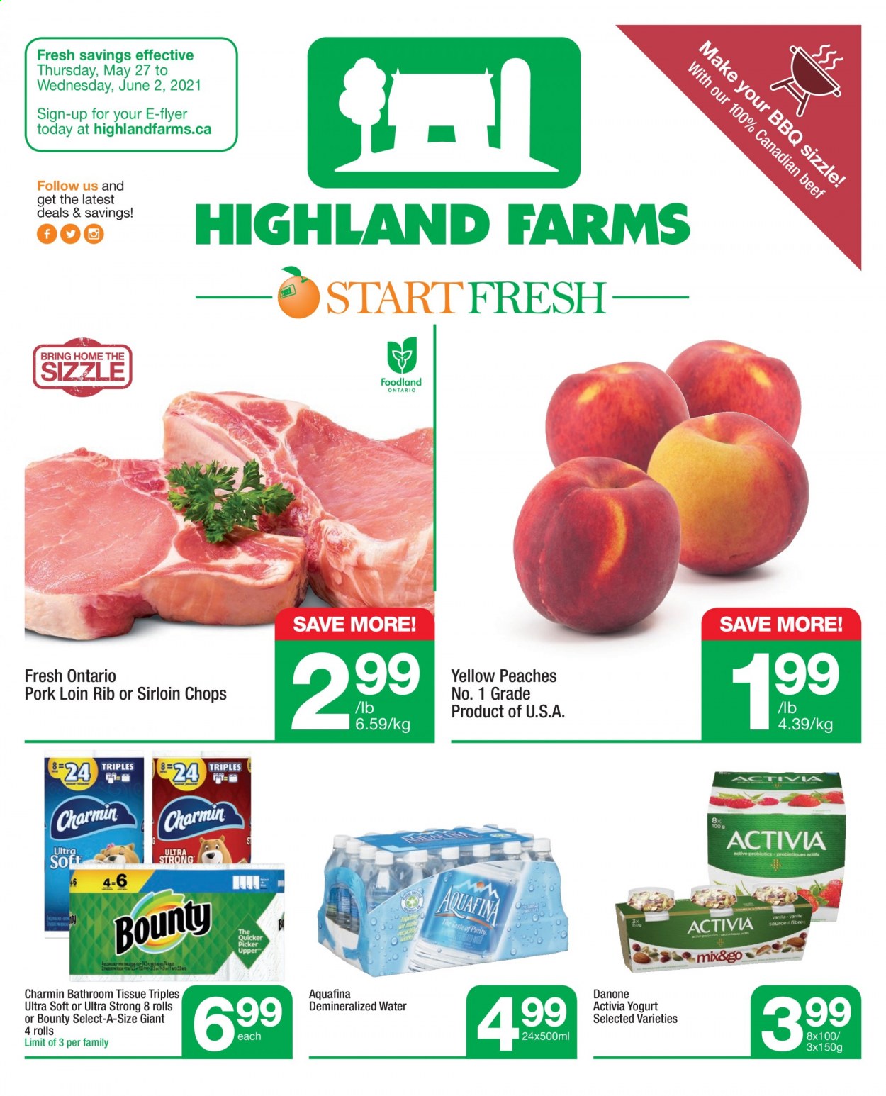 thumbnail - Highland Farms Flyer - May 27, 2021 - June 02, 2021 - Sales products - peaches, yoghurt, Activia, Bounty, Aquafina, pork loin, pork meat, Danone. Page 1.