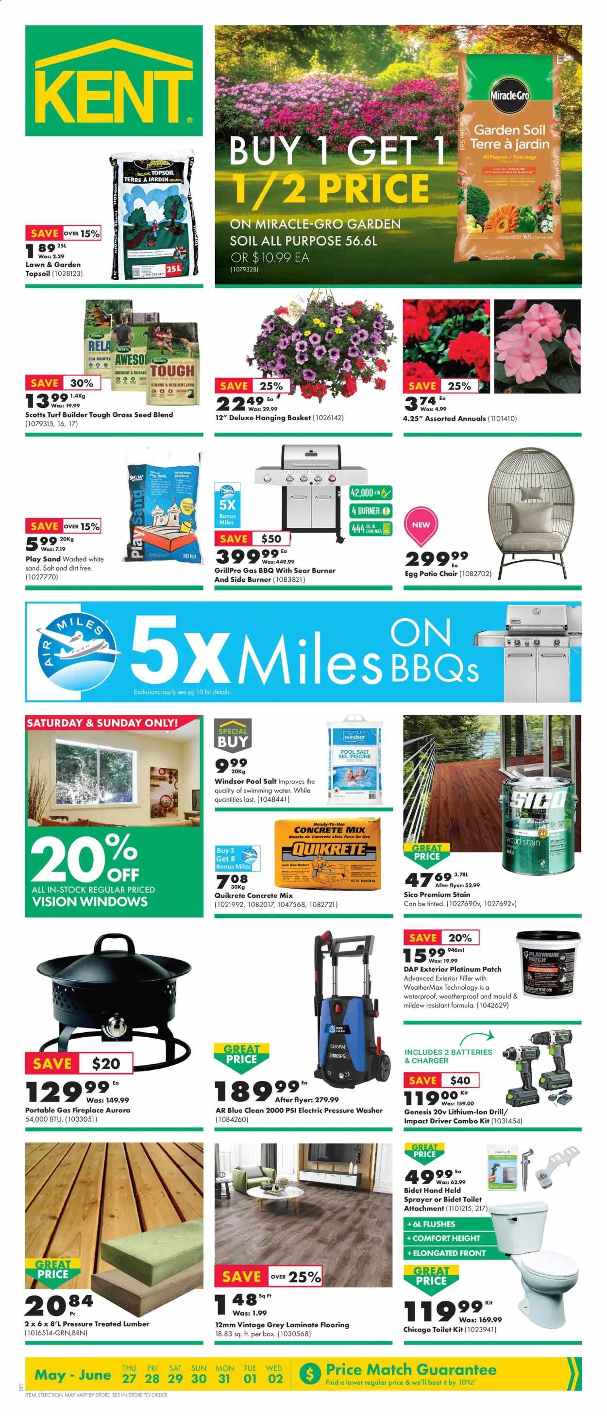 thumbnail - Kent Flyer - May 27, 2021 - June 02, 2021 - Sales products - toilet, fireplace, flooring, laminate floor, concrete mix, window, drill, impact driver, combo kit, electric pressure washer, pressure washer, pool salt, plant seeds, turf builder, garden soil, sprayer, grass seed, chair. Page 1.