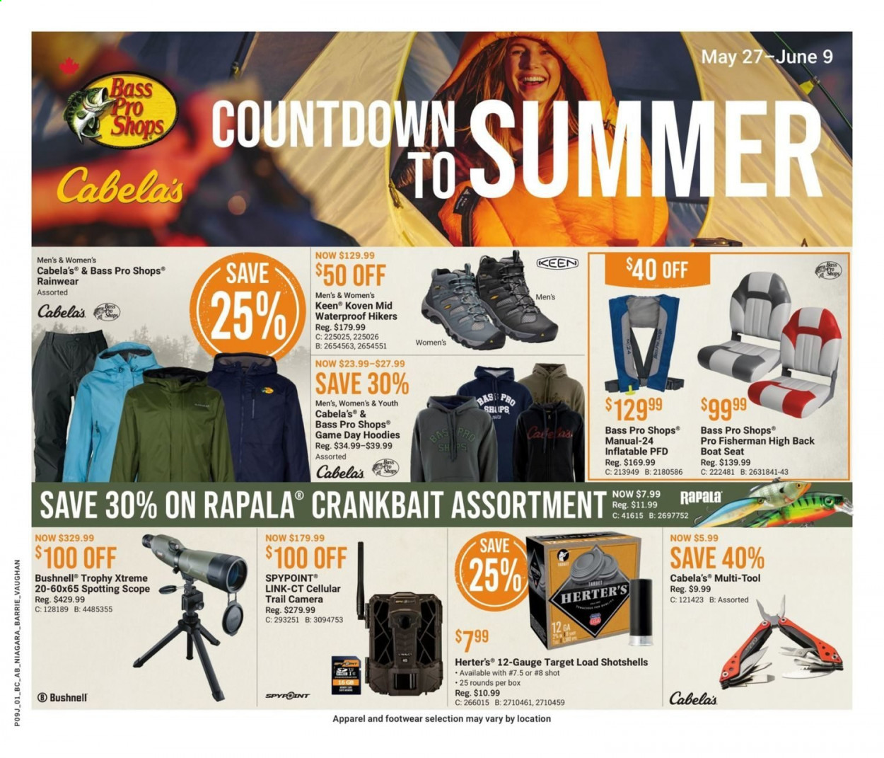 thumbnail - Bass Pro Shops Flyer - May 27, 2021 - June 09, 2021 - Sales products - trail cam, hoodie, hiking shoes, boat seat, Bass Pro, scope. Page 1.