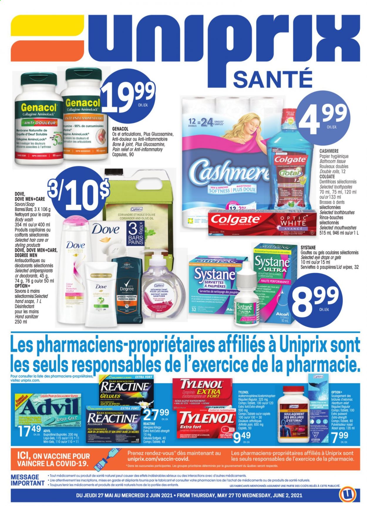 thumbnail - Uniprix Santé Flyer - May 27, 2021 - June 02, 2021 - Sales products - coriander, olive oil, oil, wipes, bath tissue, Jet, body wash, soap, hand sanitizer, pain relief, Tylenol, Ibuprofen, eye drops, Advil Rapid, nasal spray, Systane, deodorant. Page 1.