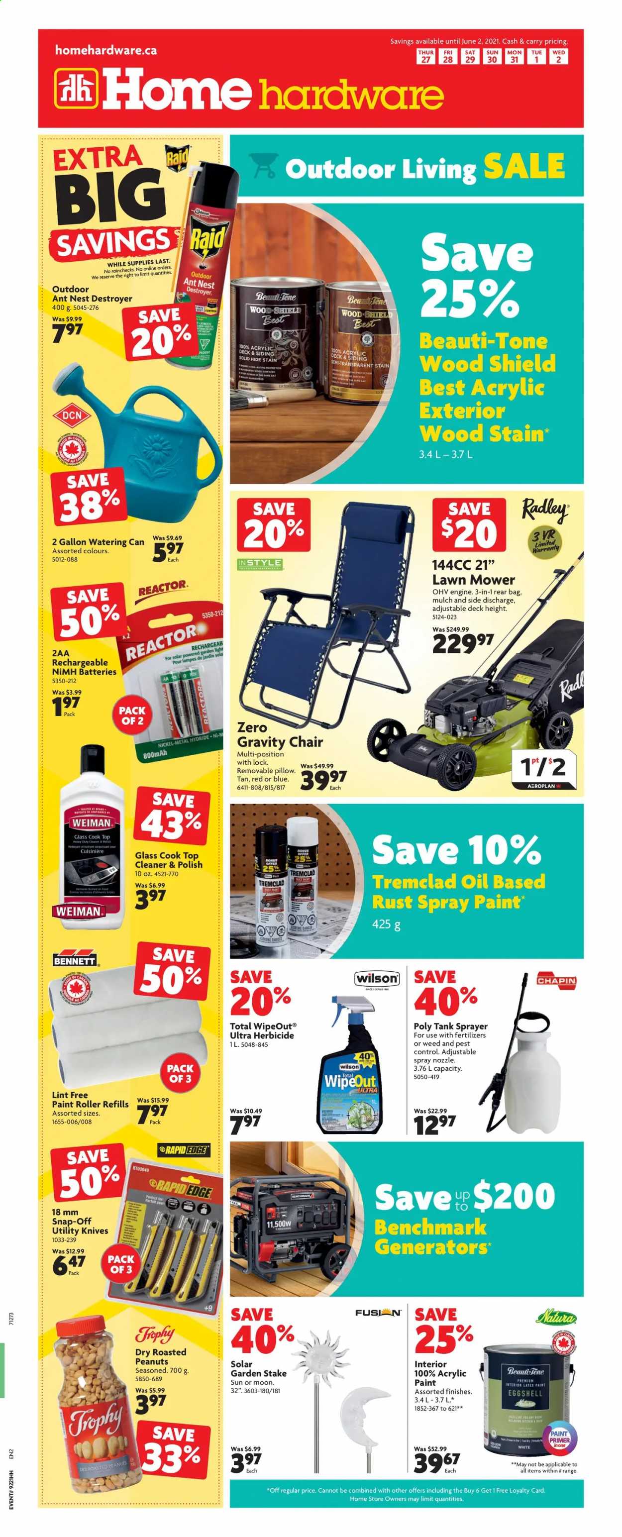 thumbnail - Home Hardware Flyer - May 27, 2021 - June 02, 2021 - Sales products - roller, chair, spray paint, polish, paint, lawn mower, watering can, sprayer, garden stake, garden mulch, knife, cleaner, tank, Raid. Page 1.