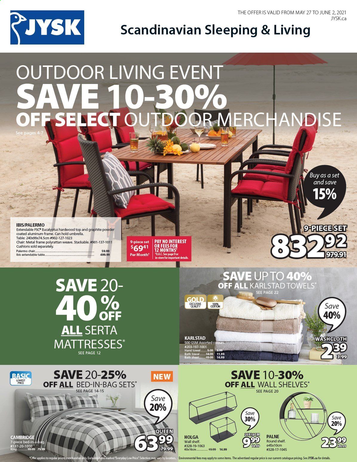 thumbnail - JYSK Flyer - May 27, 2021 - June 02, 2021 - Sales products - bath towel, towel, washcloth, hand towel, extendable table, table, chair, wall shelf, bed, mattress, metal frame, umbrella. Page 1.