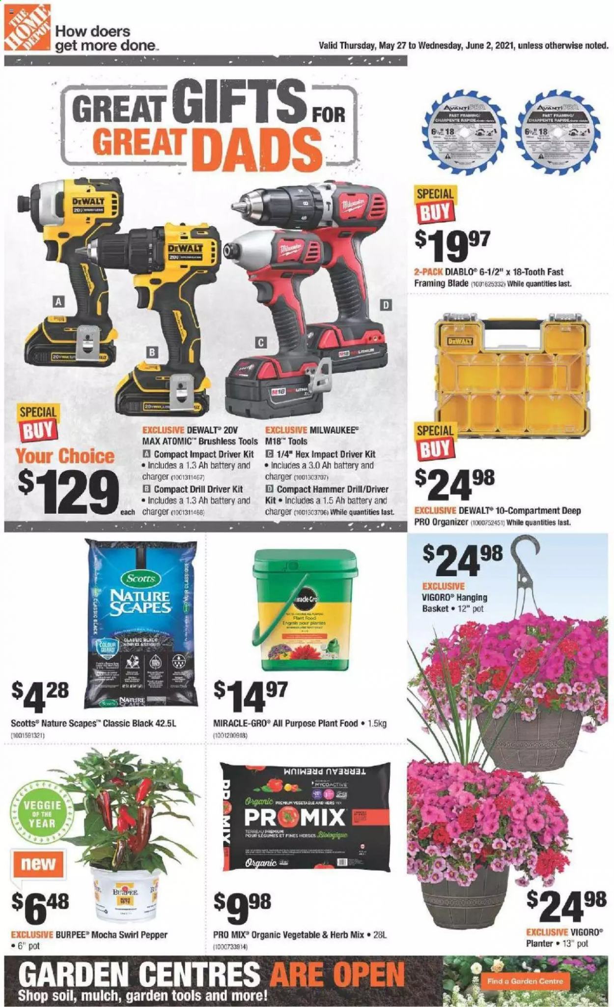thumbnail - The Home Depot Flyer - May 27, 2021 - June 02, 2021 - Sales products - pot, Milwaukee, DeWALT, impact driver, drill driver kit, gardening tools, garden mulch. Page 1.