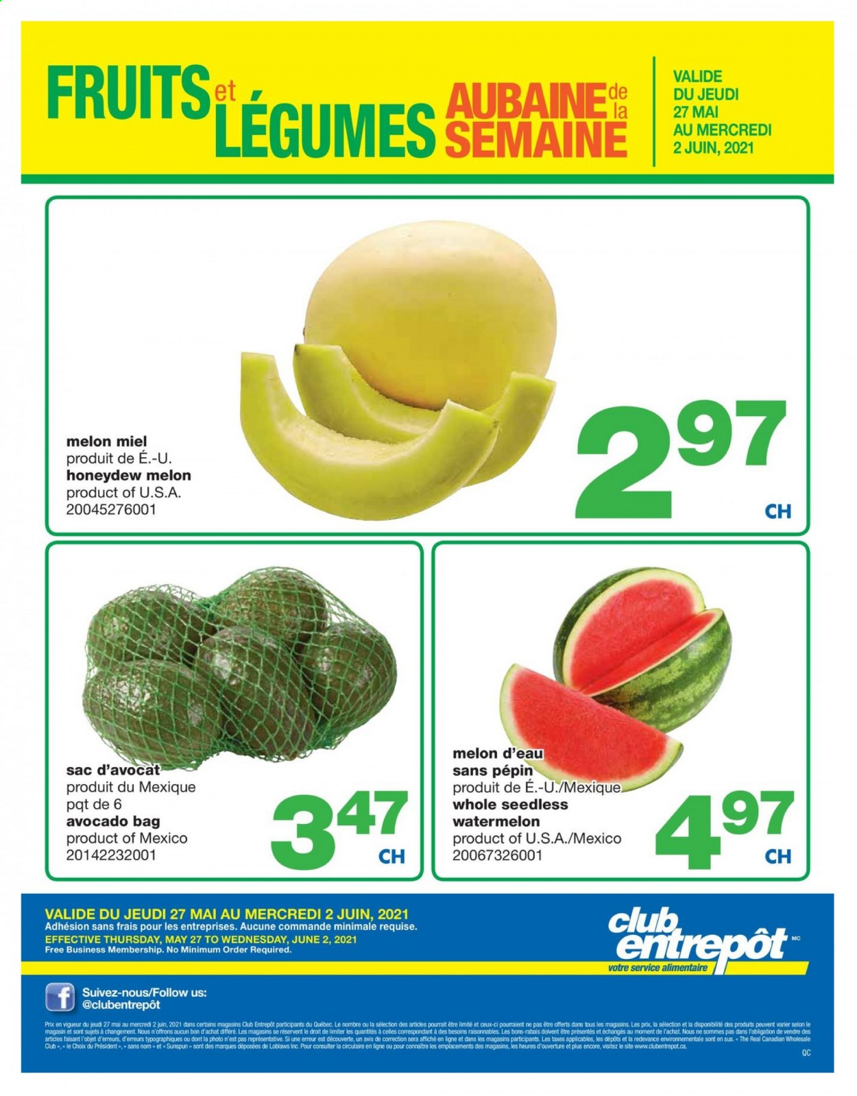 thumbnail - Wholesale Club Flyer - May 27, 2021 - June 02, 2021 - Sales products - avocado, watermelon, honeydew, melons, Président. Page 1.