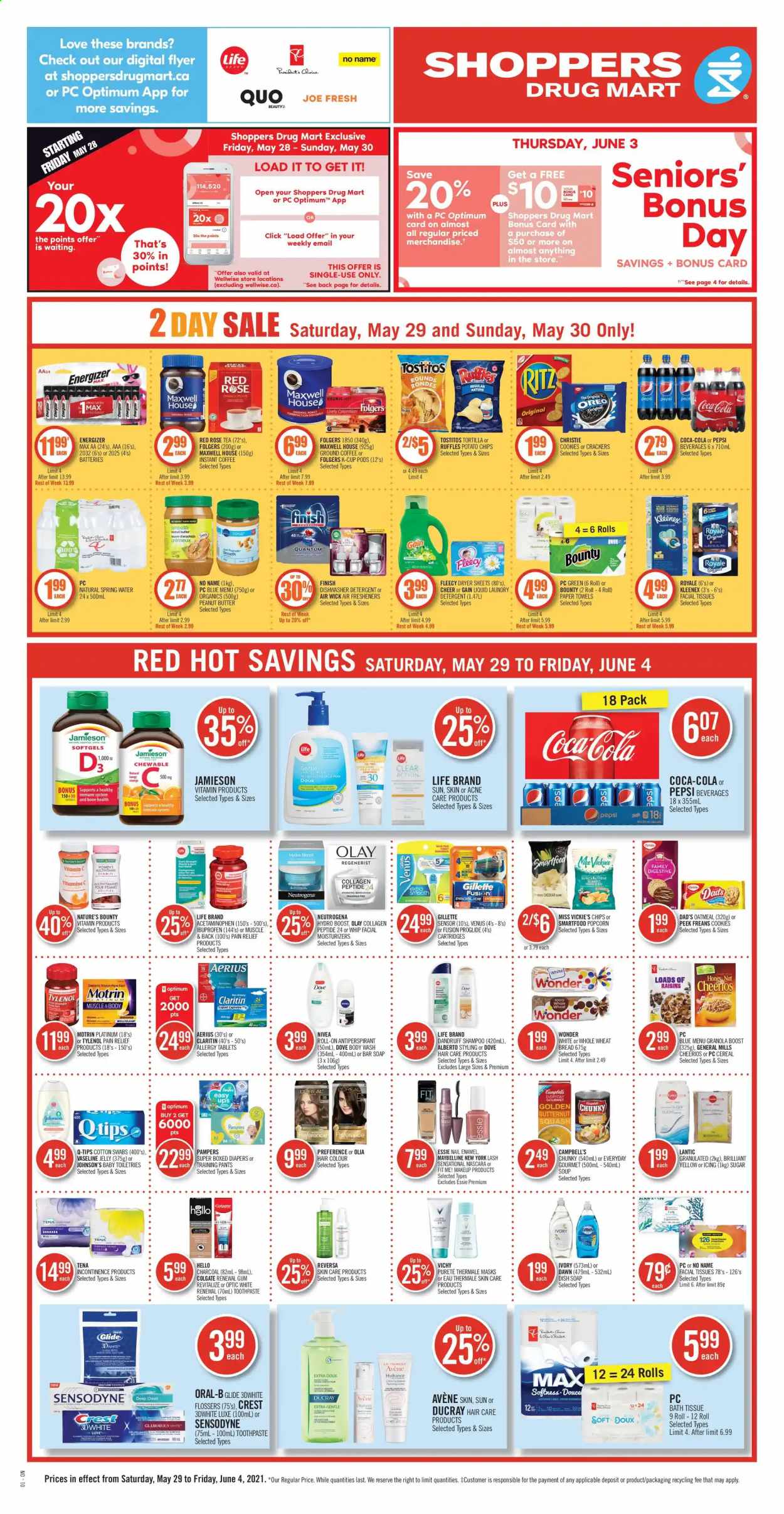 thumbnail - Shoppers Drug Mart Flyer - May 29, 2021 - June 04, 2021 - Sales products - cookies, jelly, crackers, RITZ, tortillas, potato chips, Smartfood, popcorn, Ruffles, Tostitos, sugar, oatmeal, soup, cereals, Cheerios, Ace, Campbell's, peanut butter, dried fruit, Coca-Cola, Pepsi, spring water, Boost, Maxwell House, instant coffee, Folgers, ground coffee, coffee capsules, K-Cups, pants, nappies, Johnson's, baby pants, bath tissue, Kleenex, kitchen towels, paper towels, Gain, laundry detergent, dryer sheets, body wash, Vichy, Vaseline, soap bar, soap, toothpaste, Crest, facial tissues, L’Oréal, moisturizer, Olay, hair color, anti-perspirant, fragrance, roll-on, Venus, nail enamel, makeup, pain relief, multivitamin, Nature's Bounty, Tylenol, vitamin c, Ibuprofen, vitamin D3, Motrin, Oreo, Gillette, granola, mascara, Maybelline, Neutrogena, raisins, Pampers, Nivea, Oral-B, chips, Sensodyne. Page 1.