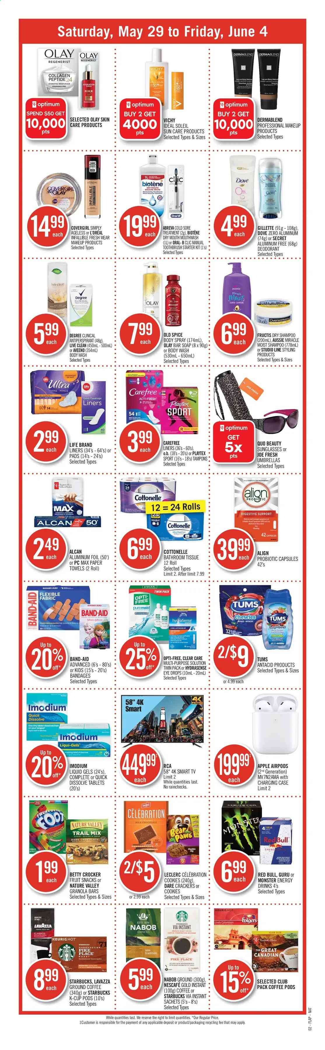 thumbnail - Shoppers Drug Mart Flyer - May 29, 2021 - June 04, 2021 - Sales products - cookies, milk chocolate, chocolate, Celebration, crackers, dark chocolate, Digestive, fruit snack, Thins, granola bar, Nature Valley, spice, Classico, trail mix, energy drink, Monster, Red Bull, Monster Energy, smoothie, coffee pods, Folgers, ground coffee, coffee capsules, Starbucks, K-Cups, Lavazza, Aveeno, bath tissue, Cottonelle, kitchen towels, paper towels, body wash, Vichy, soap bar, soap, Biotene, toothbrush, mouthwash, Playtex, Carefree, tampons, Abreva, L’Oréal, moisturizer, Olay, Aussie, Fructis, body spray, anti-perspirant, makeup, sunglasses, Clear Care, eye drops, Antacid, Gillette, shampoo, Old Spice, Oral-B, Nescafé, deodorant. Page 15.